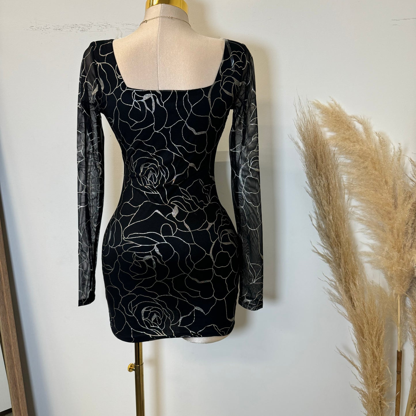 Zuleyna Metallic Foiled Mesh Dress-Black