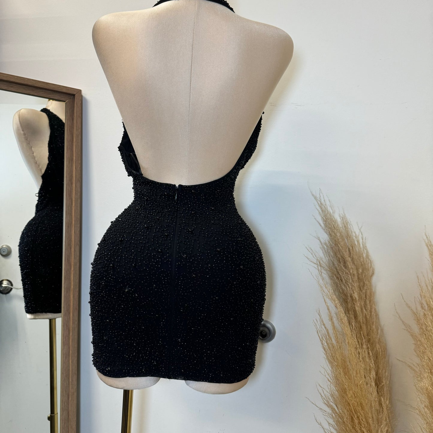 Cowl beaded Halter Dress-Black1