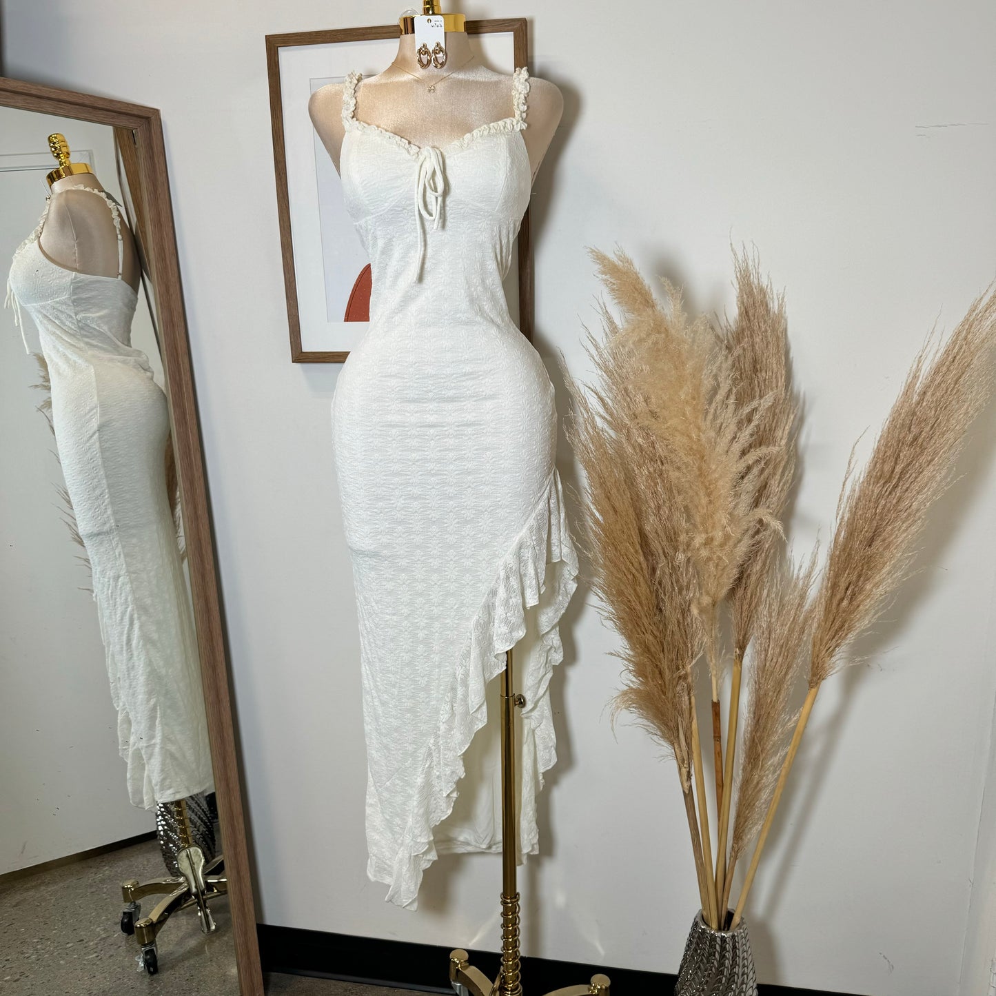 Daisy Asymmetric Skirt Midi Dress-White