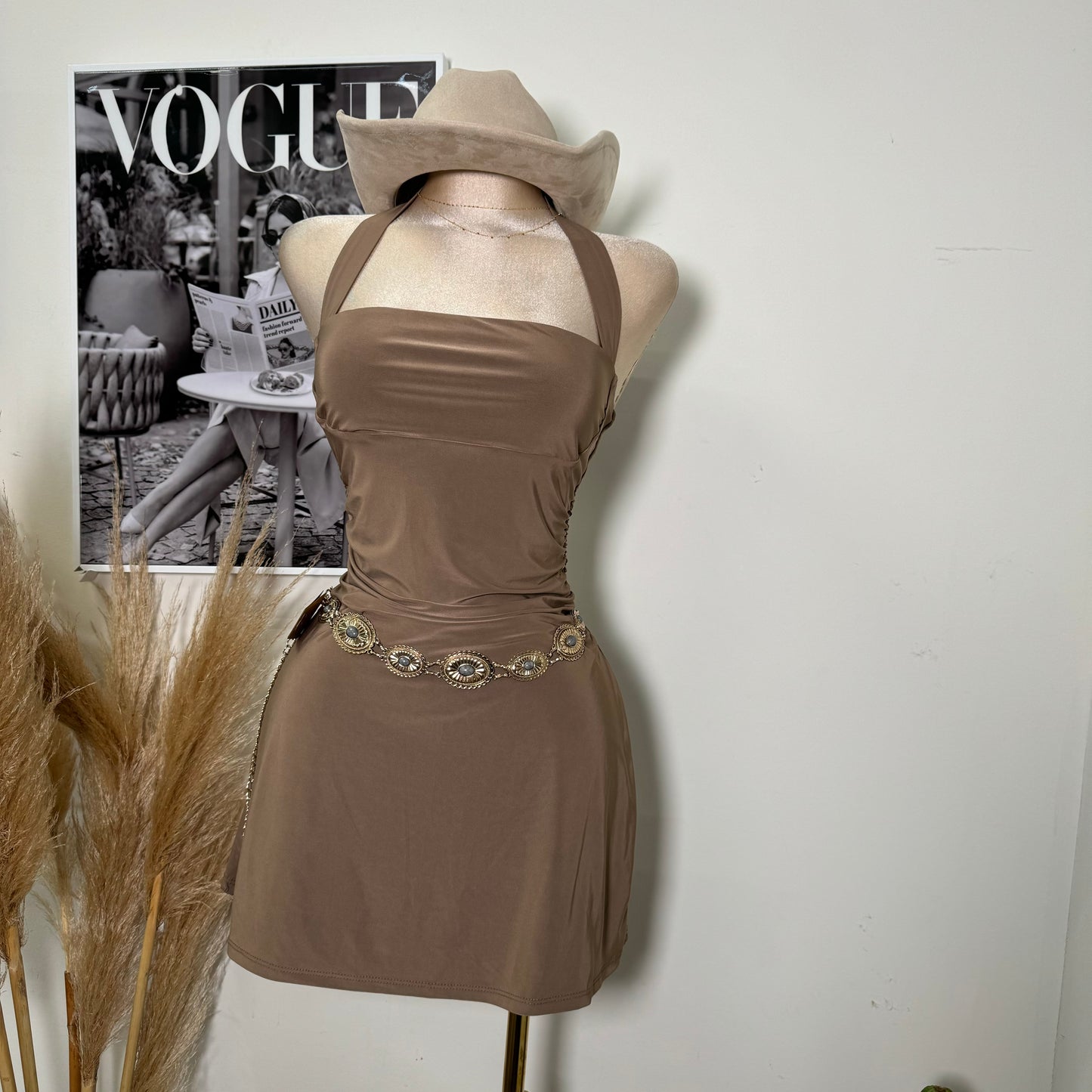 Sleeveless Halter Square Neckline Mini Dress-Brown