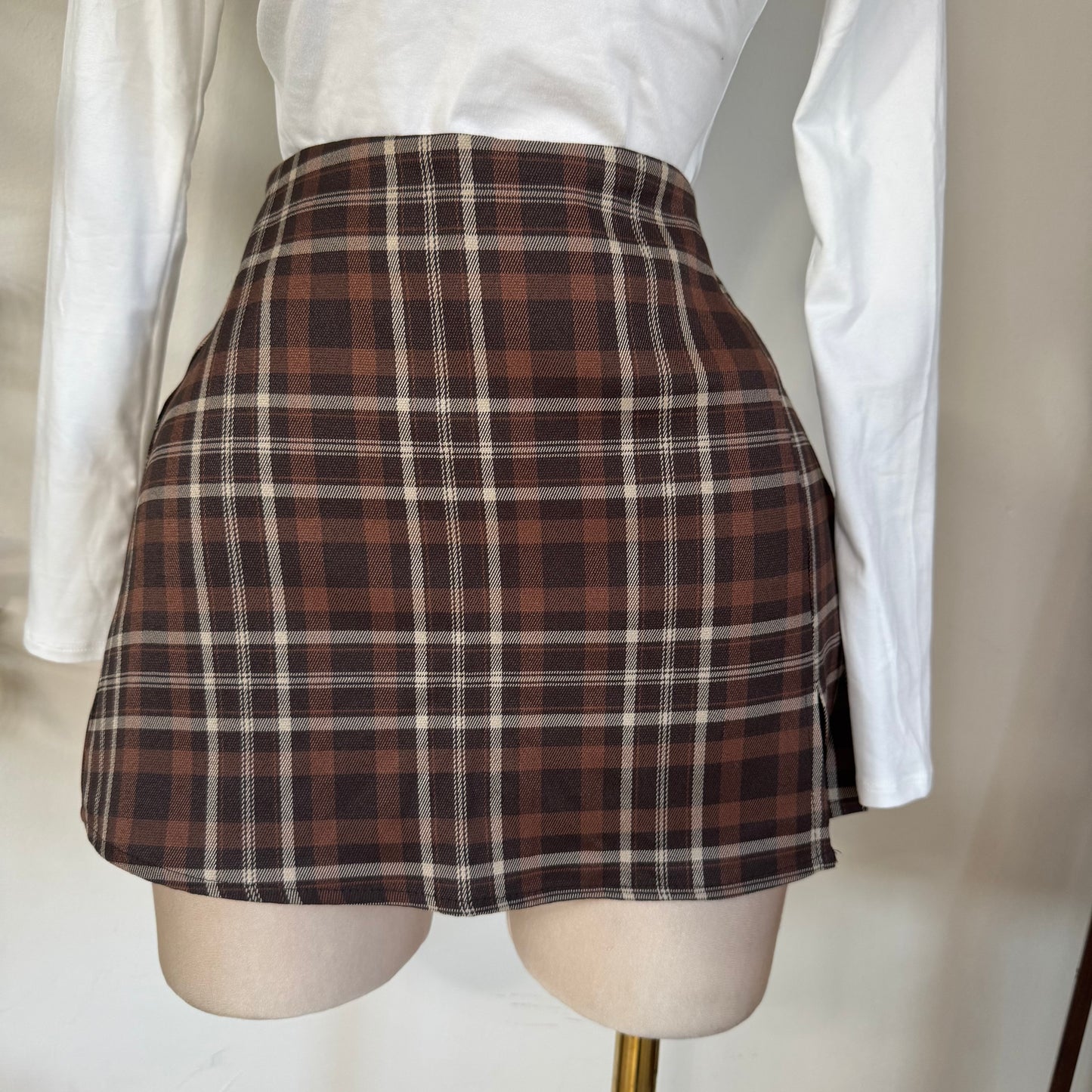 Split Front Plaid Mini Skort -Brown