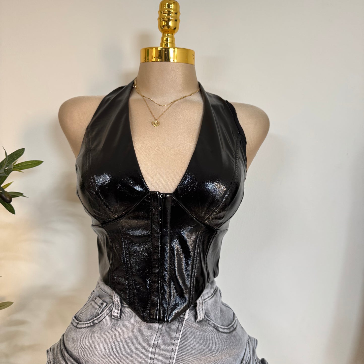 Shiny Stretch Pleather Halter Top-Black