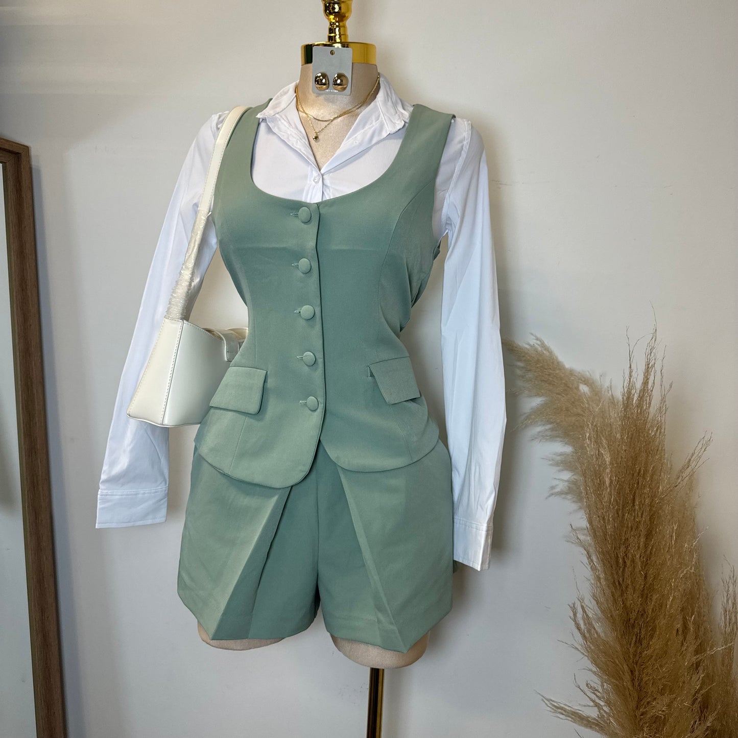 Chic Vest and Skort Set-Sage Green