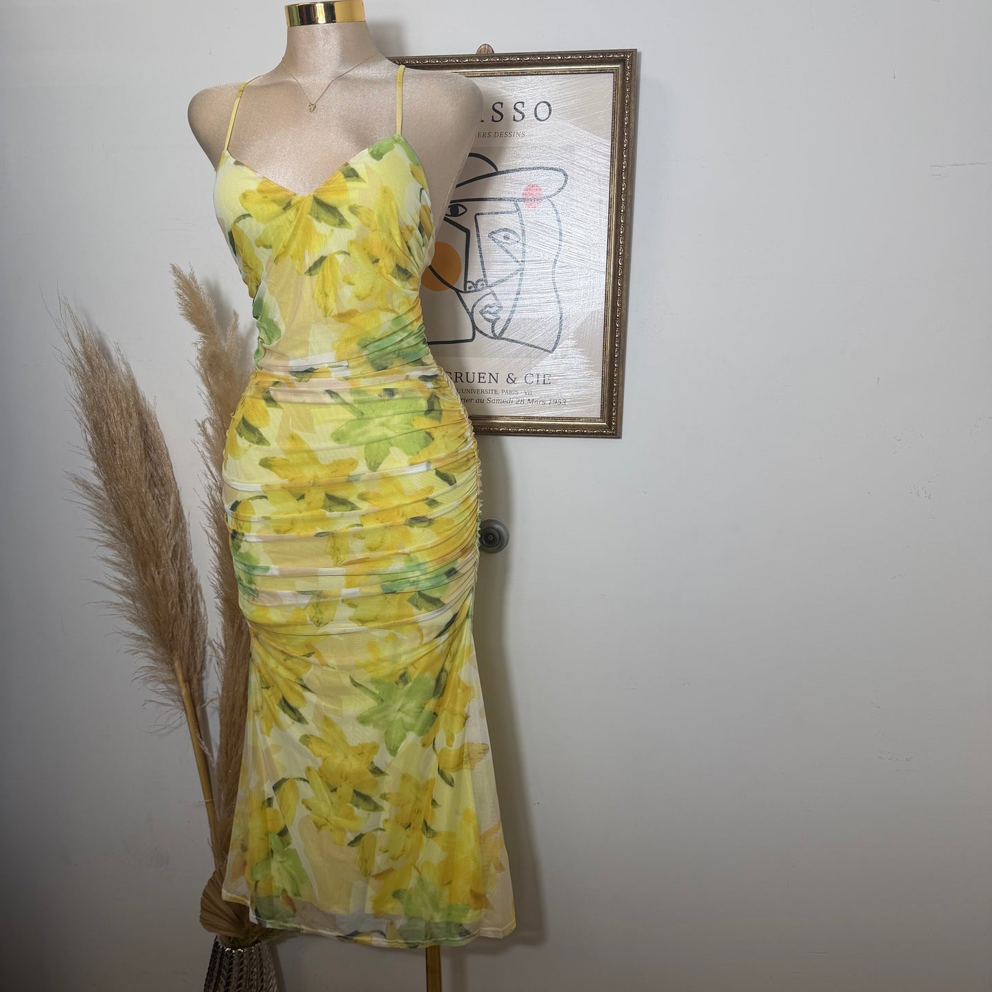 Mesh Print Midi Dress-Lemon