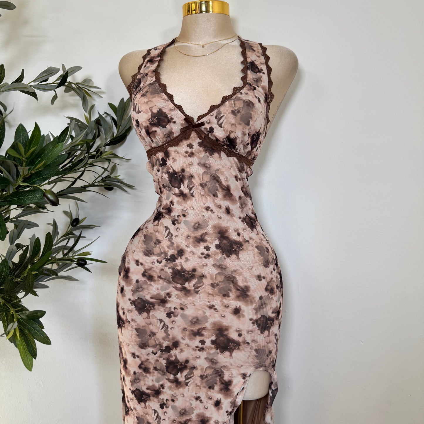 Halter Open Slit Dress-Brown
