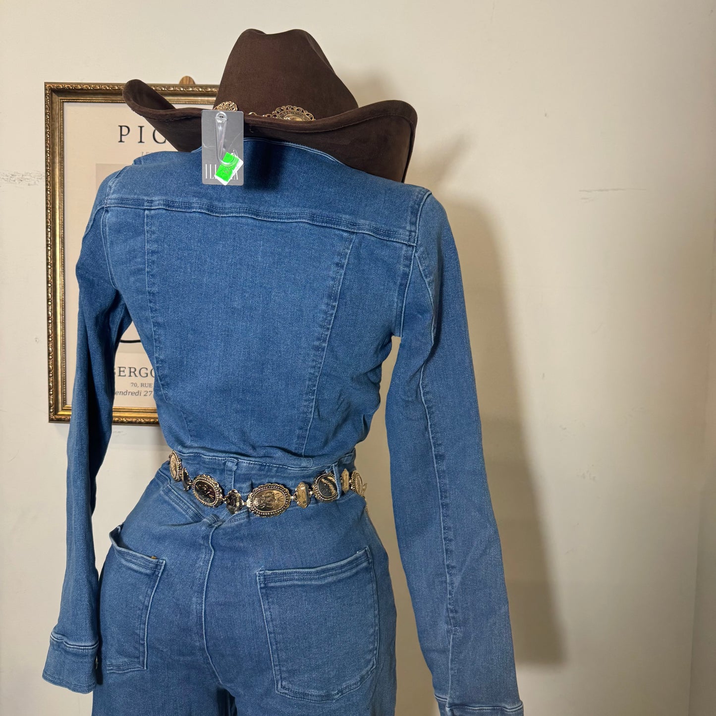 Denim Button Long Sleeve Jumpsuit -Medium Wash