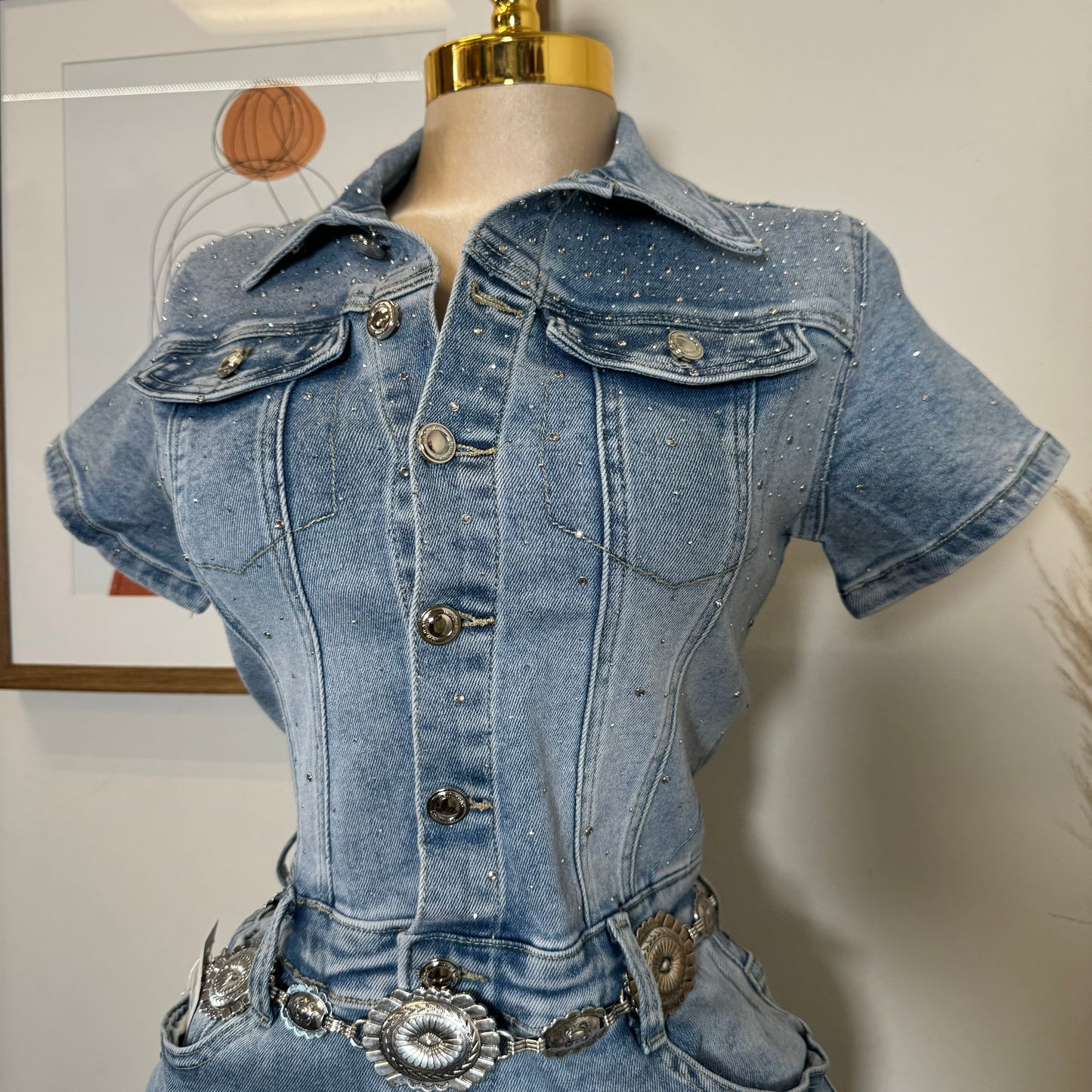 Rhinestone Denim Dress-Blue