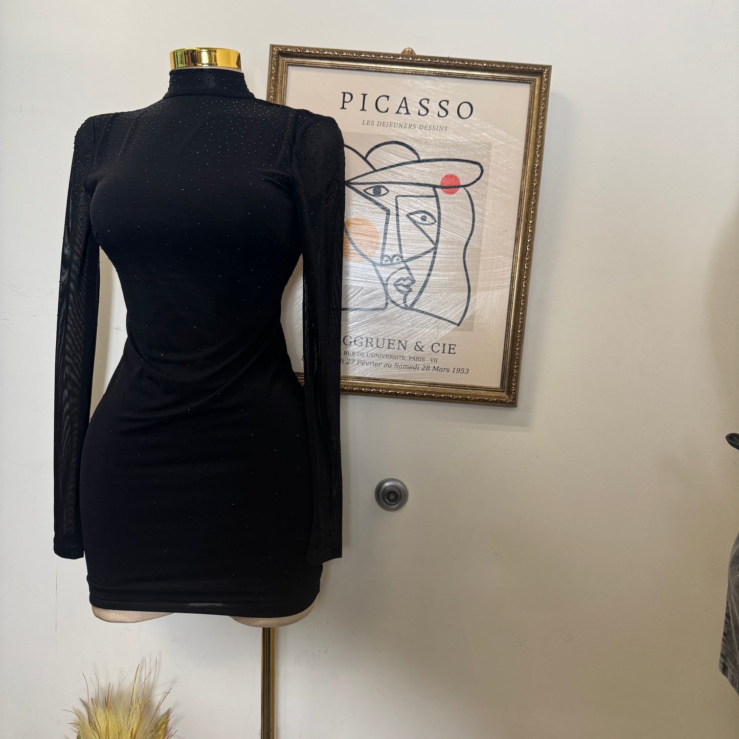 Mesh Mock Dress Rhinestone Open Back Mini Dress-Black