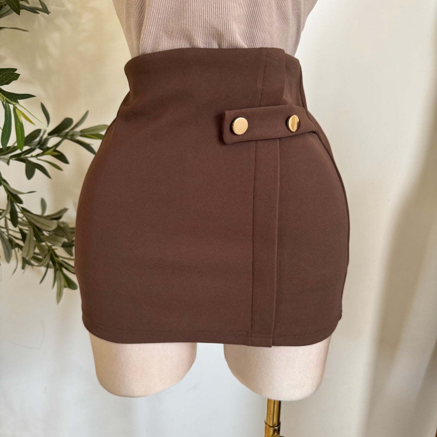 Poly Span Tan With Button Detail Short Lining Skort-Brown