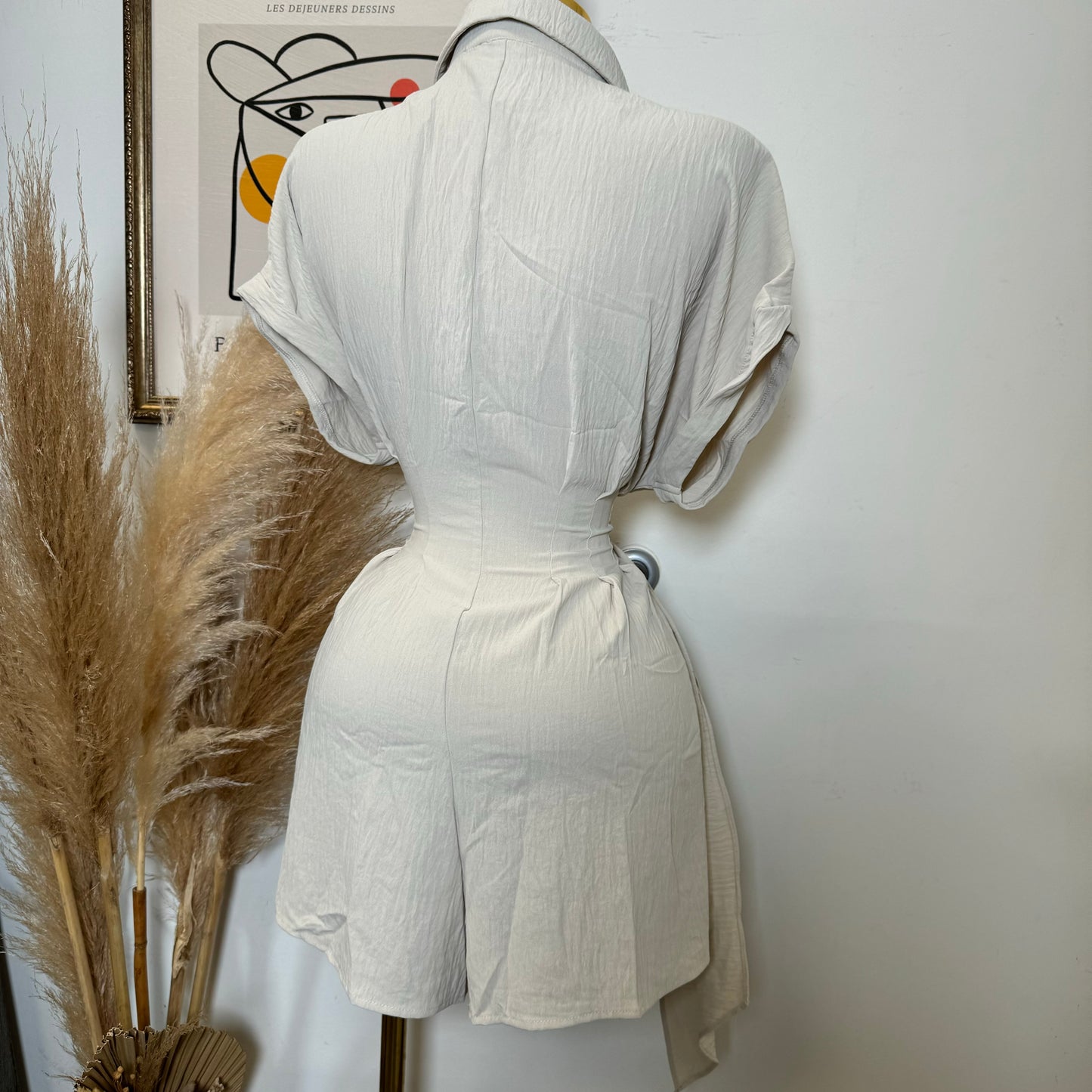 Crinkle Textured Dolman Sleeve Shirt Belted Romper -Cream