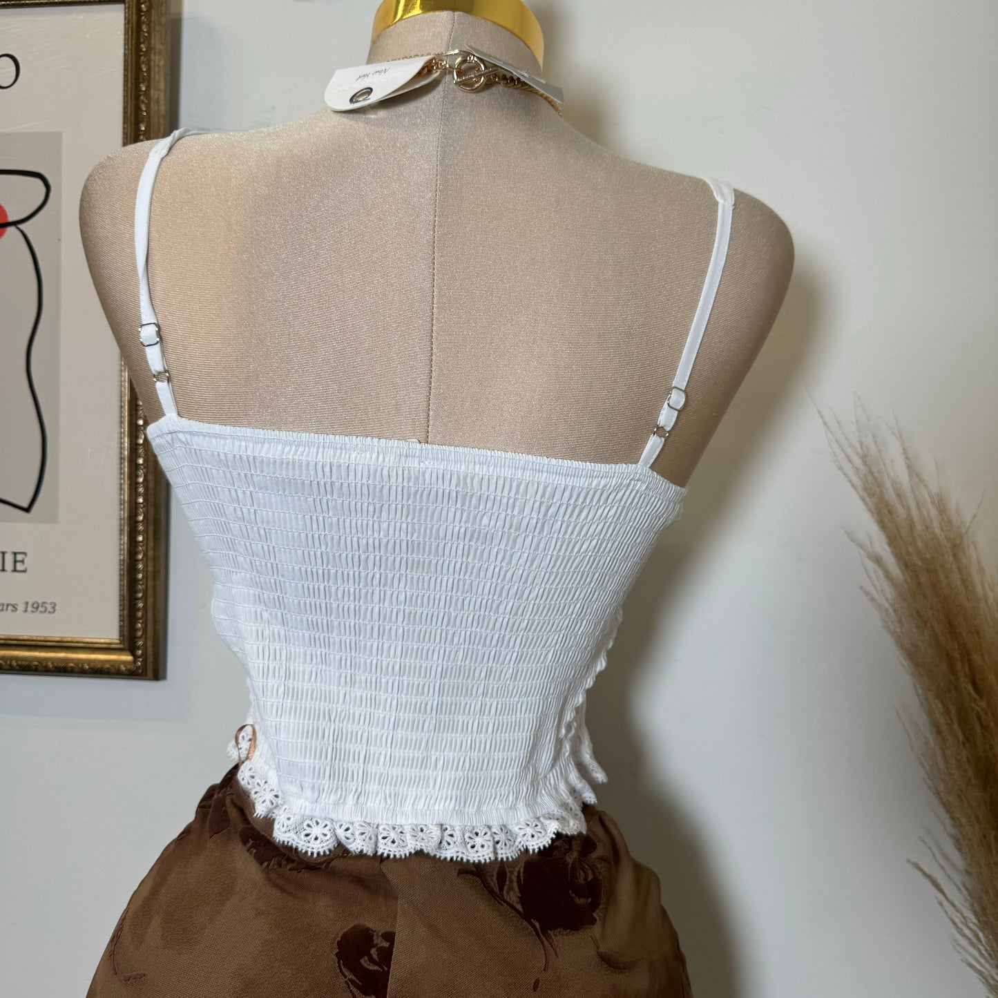Bust Shirring with lace Detail Back smoked Top-White