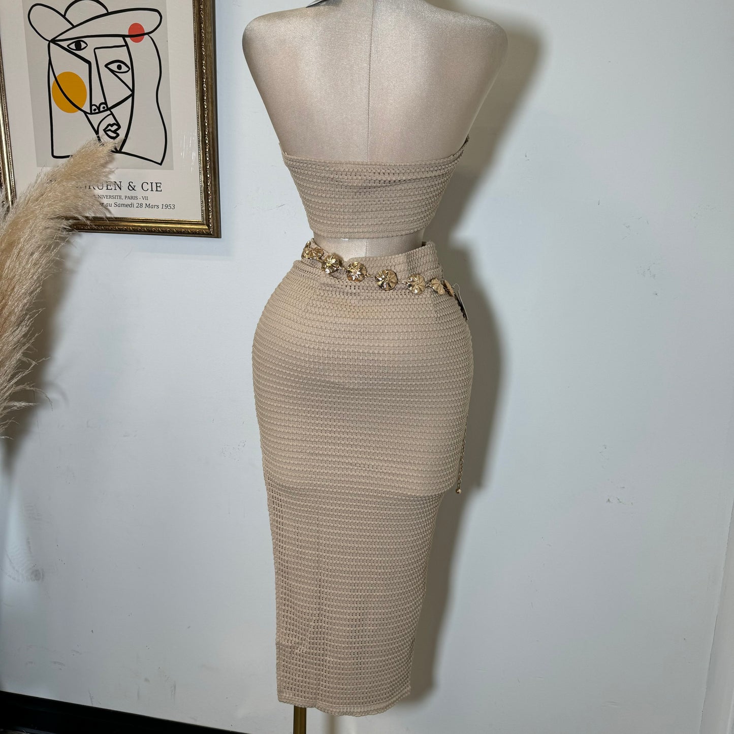Fishnet Textured Knit Bow Tie Tube Top & Skirt Set-Beige