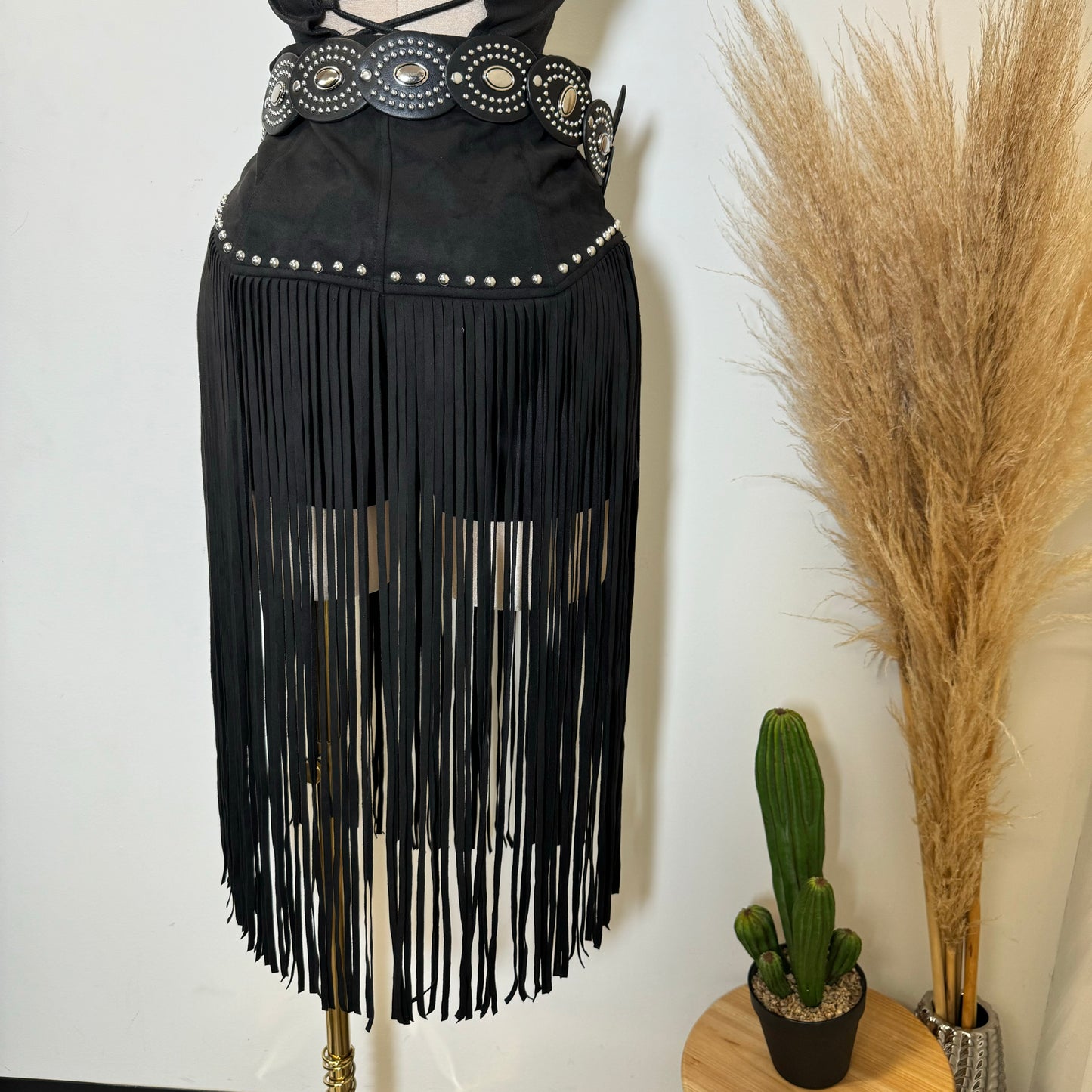 Fringe Stud Suede Shorts-Black