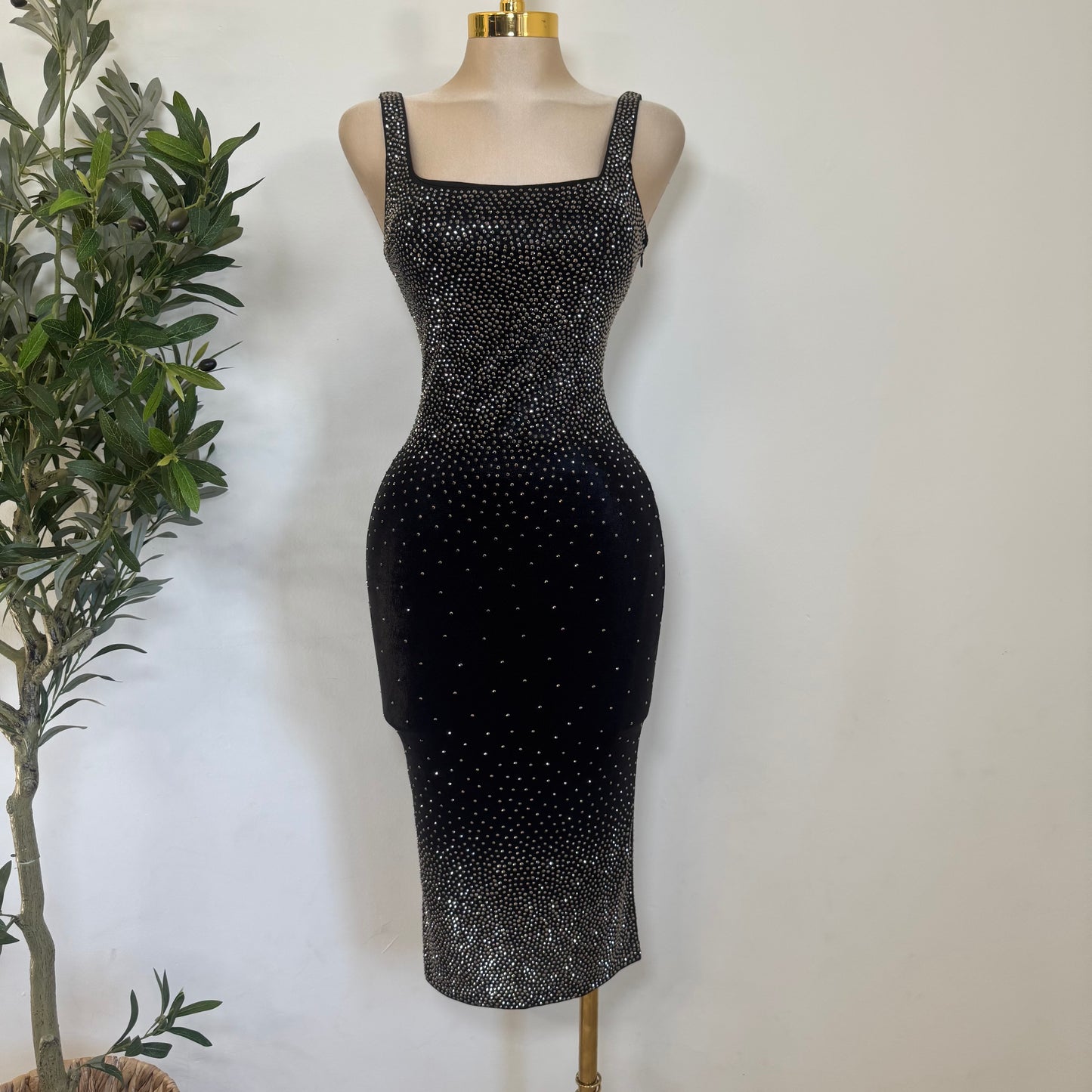 Rhinestone Midi Dress Square Neck Sleeveless-Black