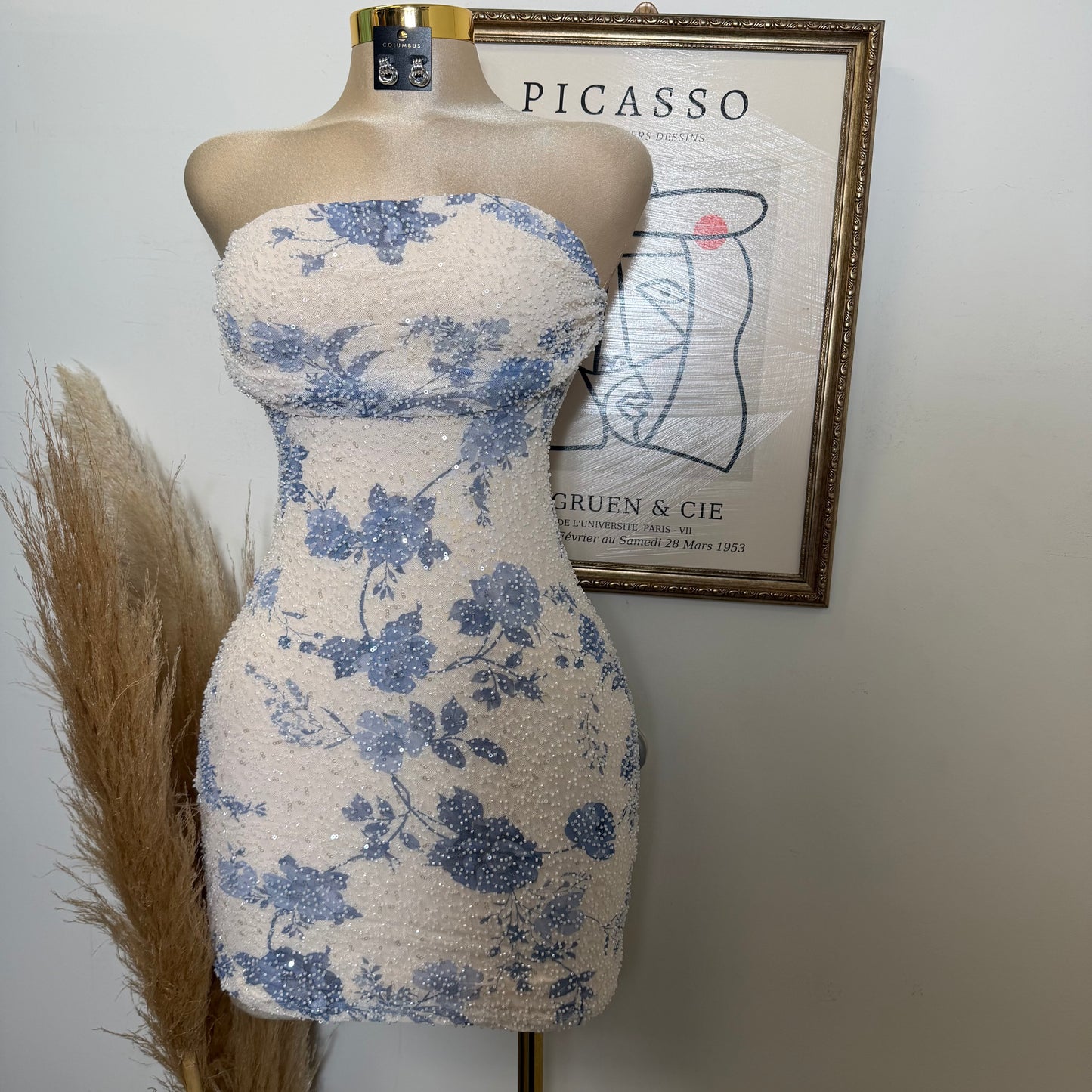 Floral beading pleated bust Bodycon Mini Dress-Ivory/Blue