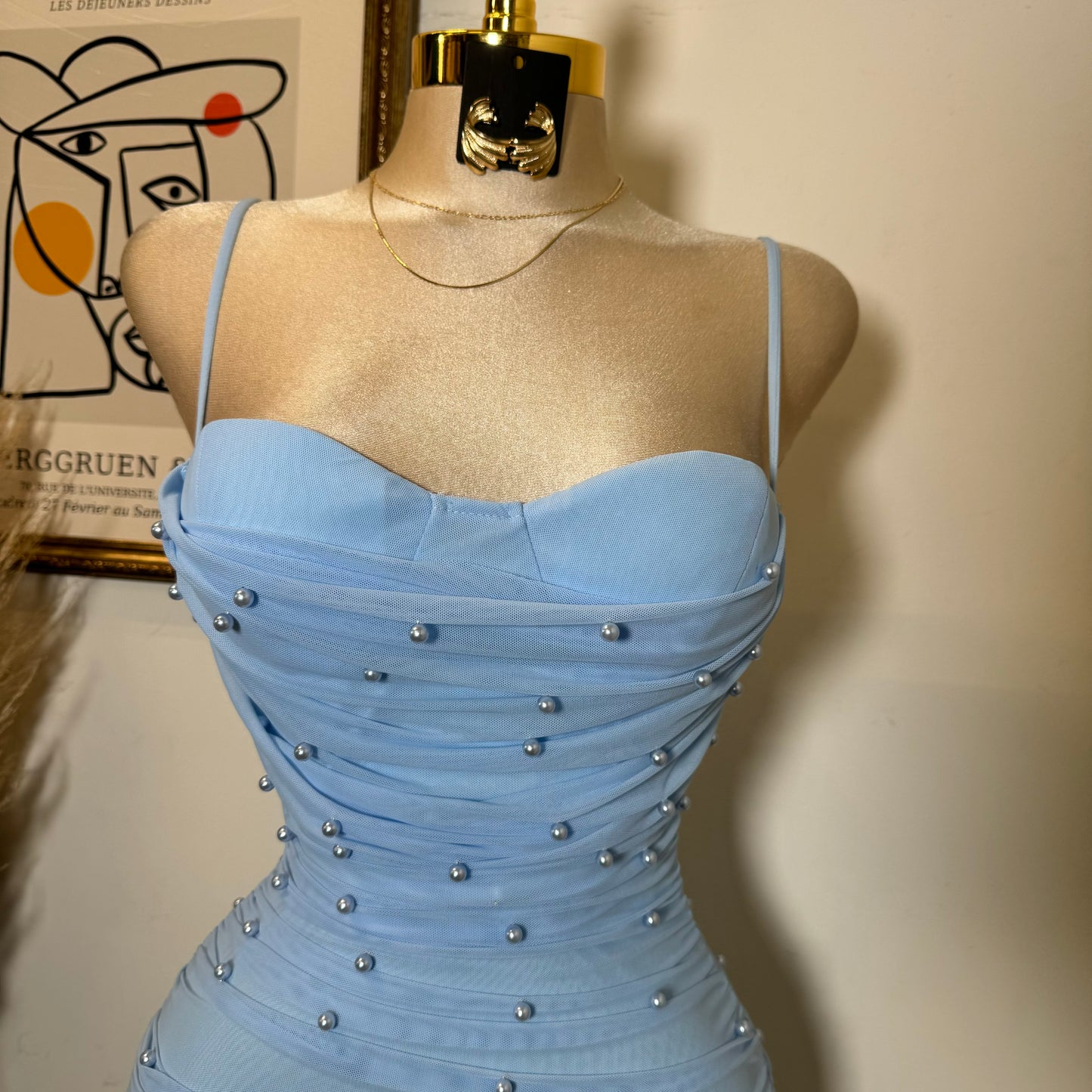 Pearl Mesh Ruched Sleeveless Mini Dress-Baby Blue