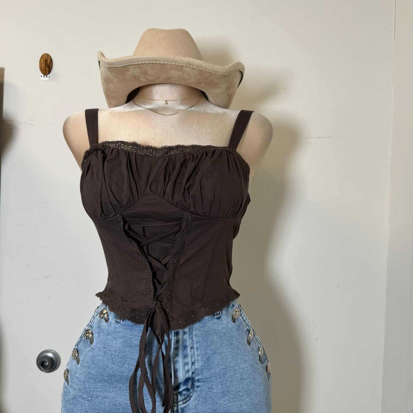 Bust Shirring with lace Detail Back smoked Top-Brown