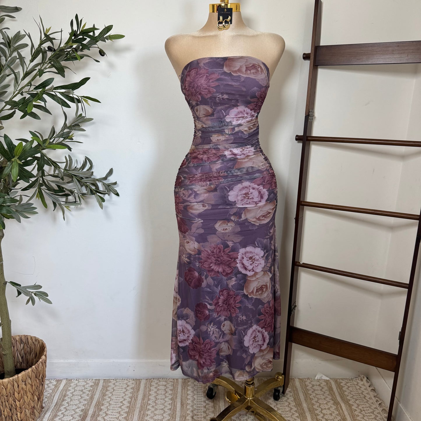 Mesh Print Tube Ruching Maxi Dress-Lavander
