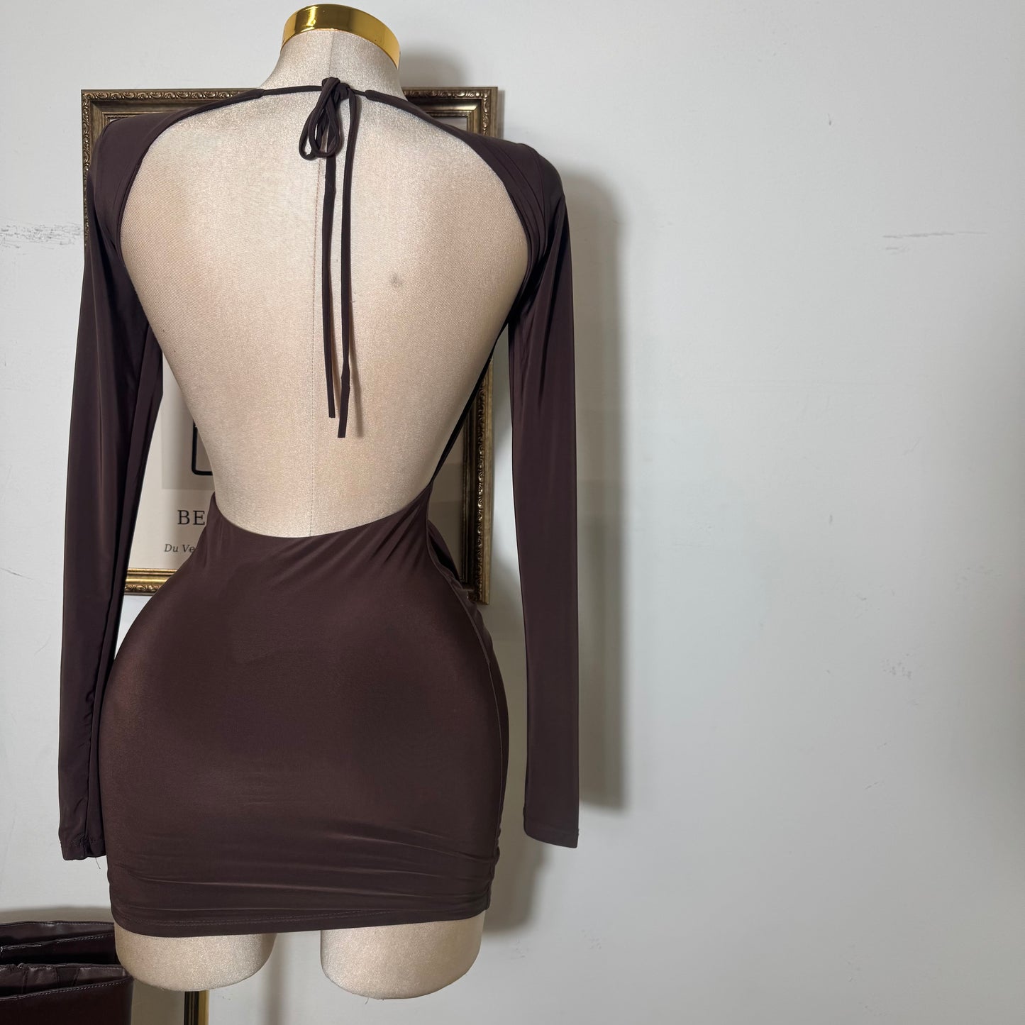 Long Sleeve Drape Trim Detail Mini Dress-Brown