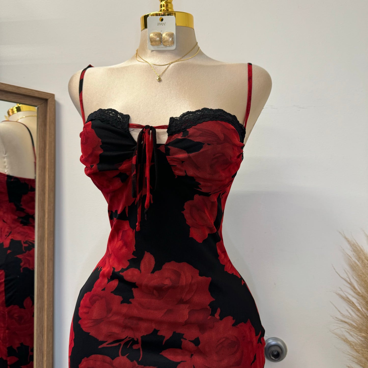 Rose Mesh Spaghetti Dress-Black/Red