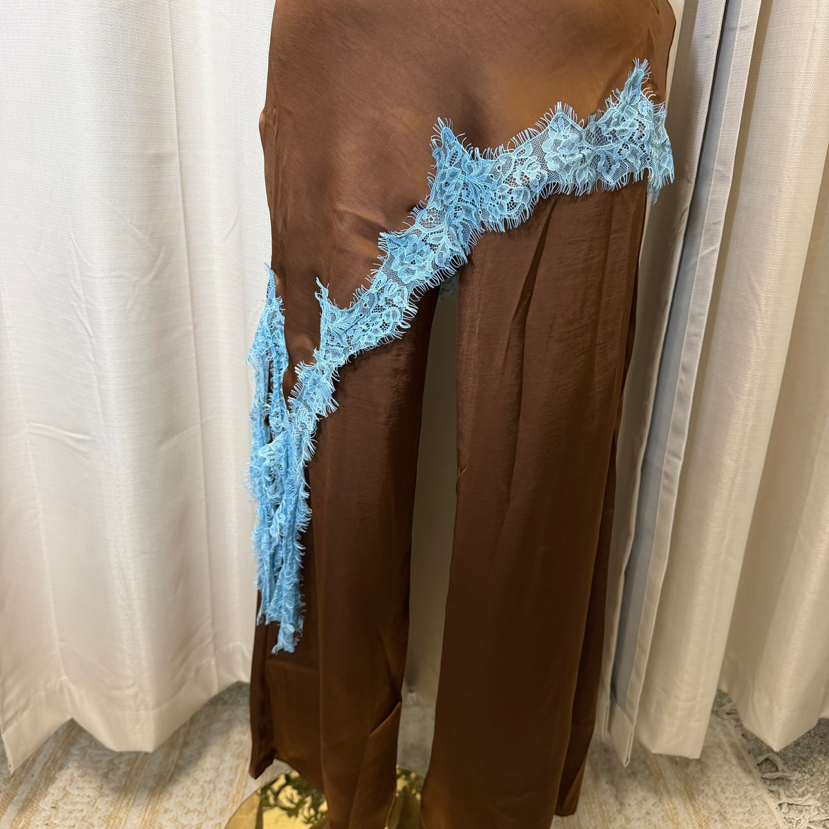 Contrast Lace Trim Satin Halter Jumpsuit-Brown/Blue