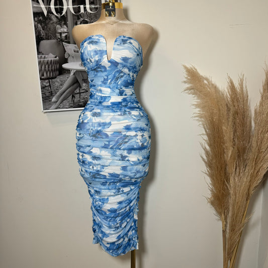 Strapless Mesh Print Dress-Baby Blue/White