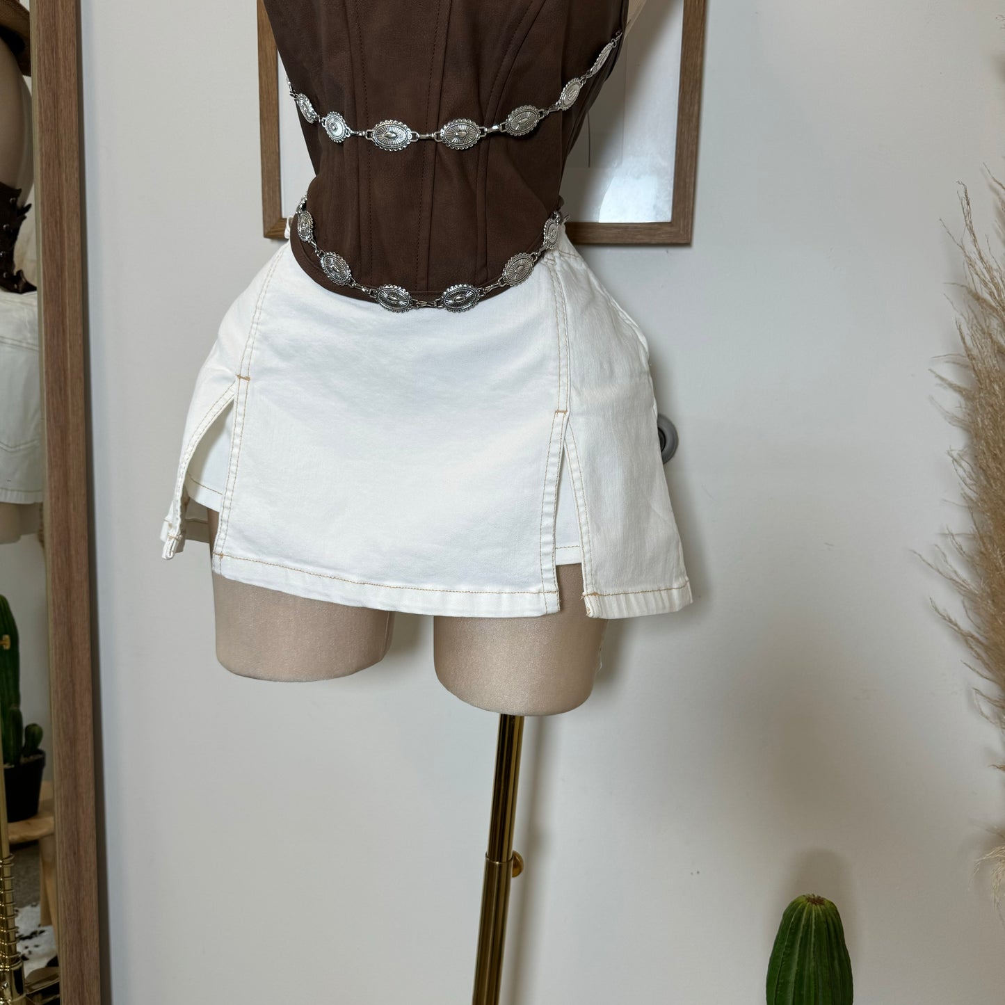 Double Side Slit Denim Skort-White