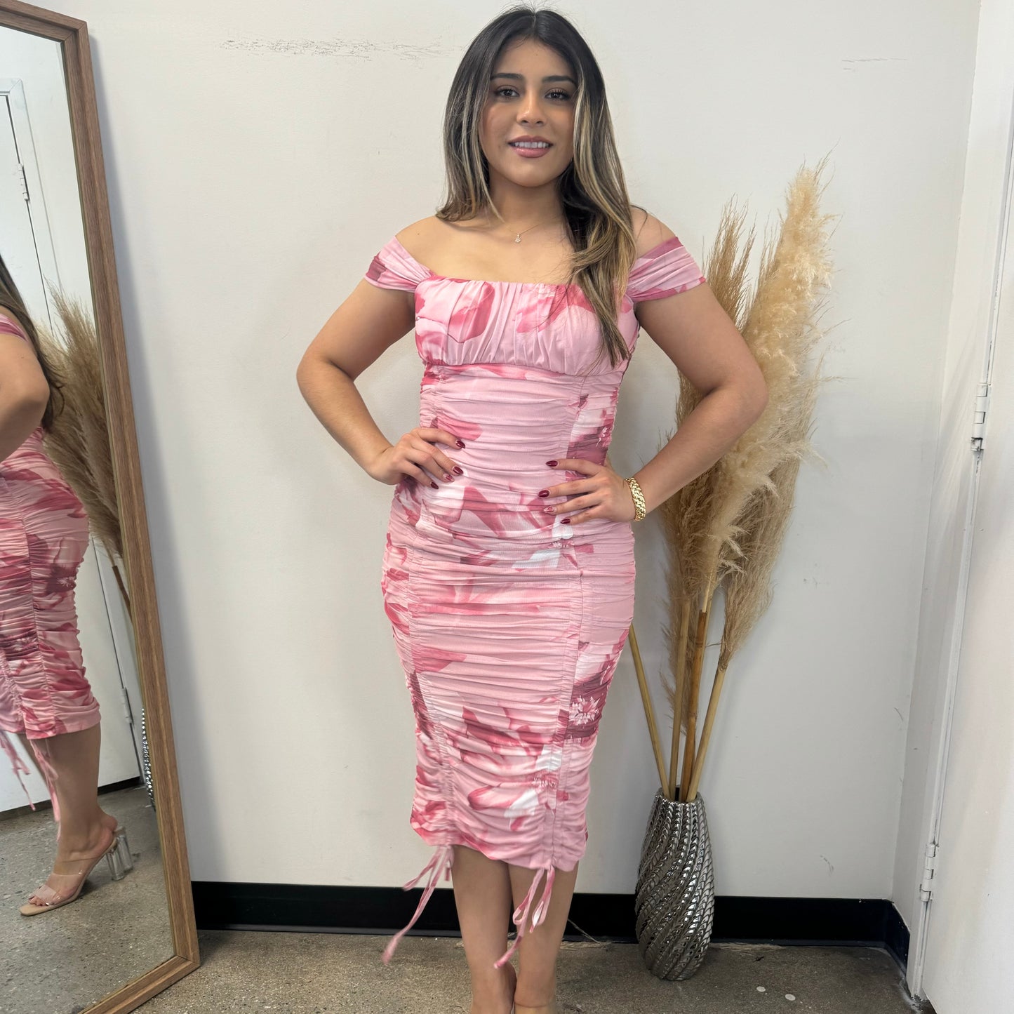 Floral Print Off Shoulder Ruched Dress-Pink