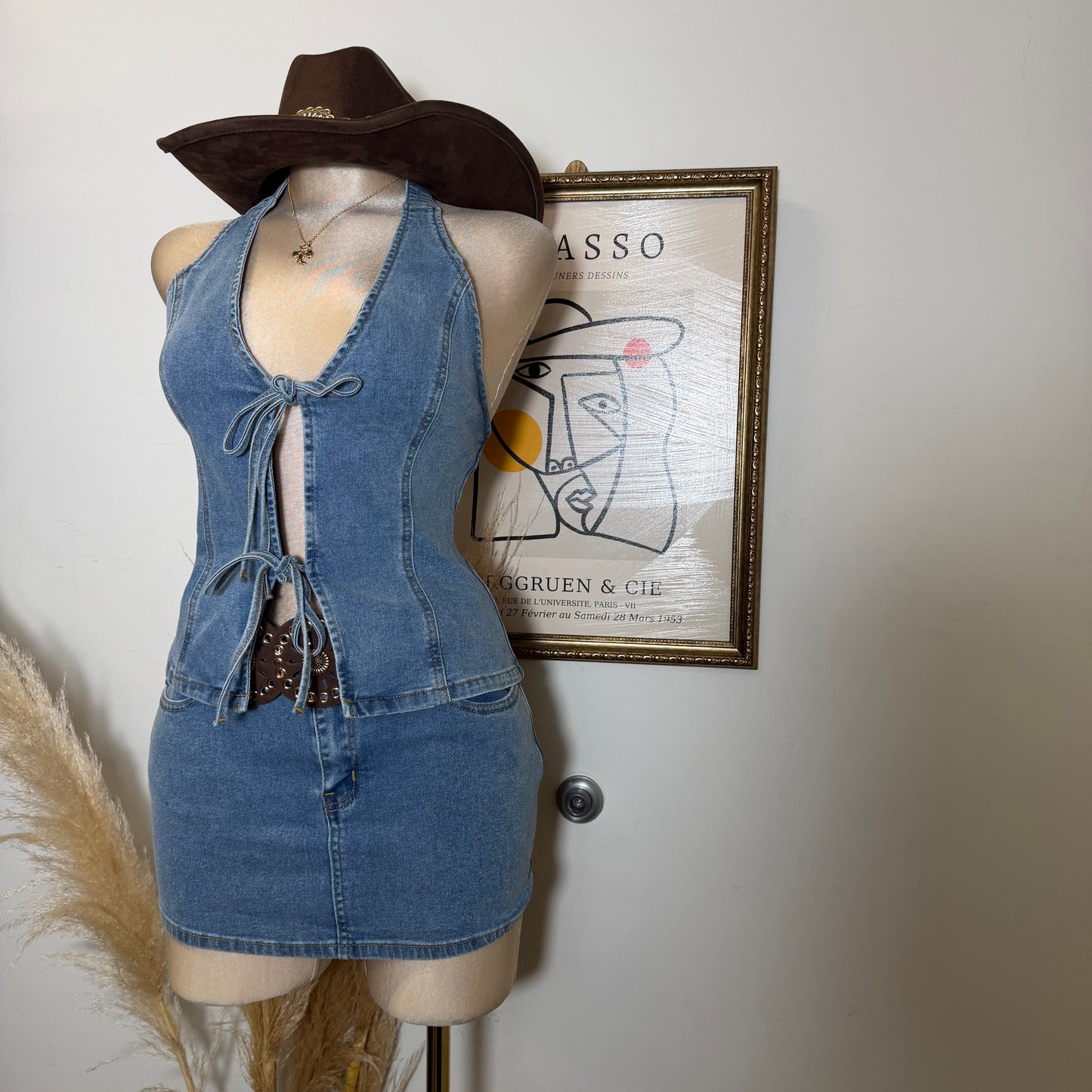 Halter Neck Front Tie Top And Mini Skirt Set-Denim