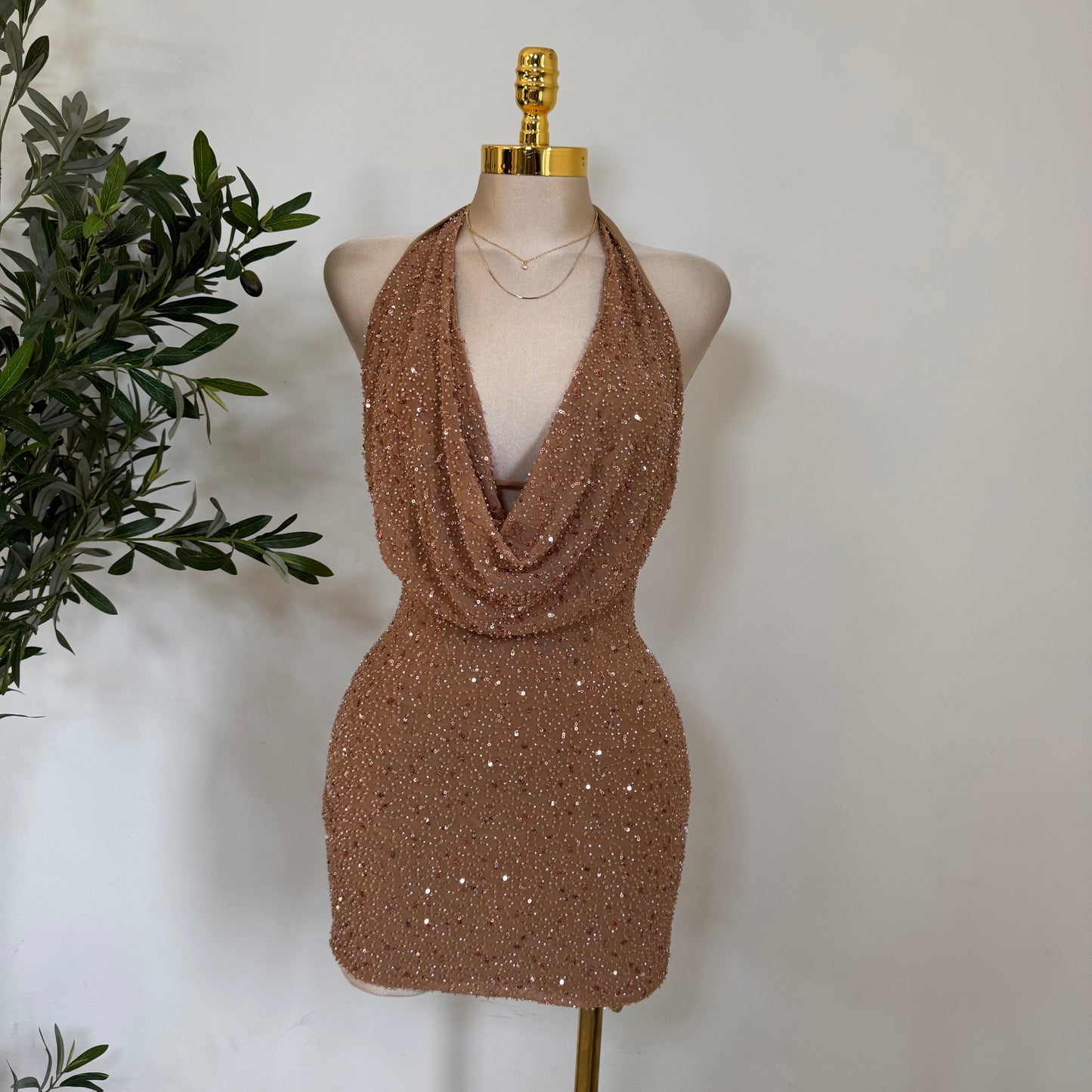 Cowl Sequins Dress-Mocha