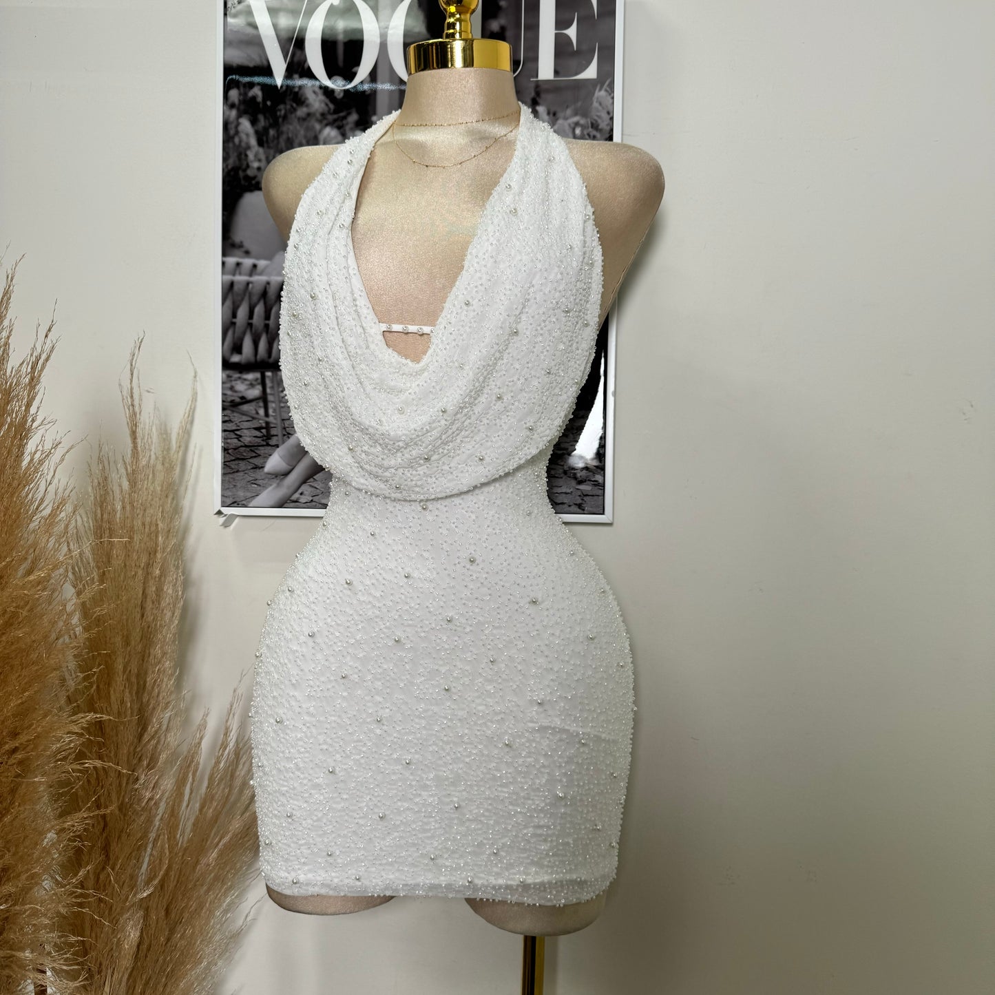 Cowl beaded Halter Dress-White