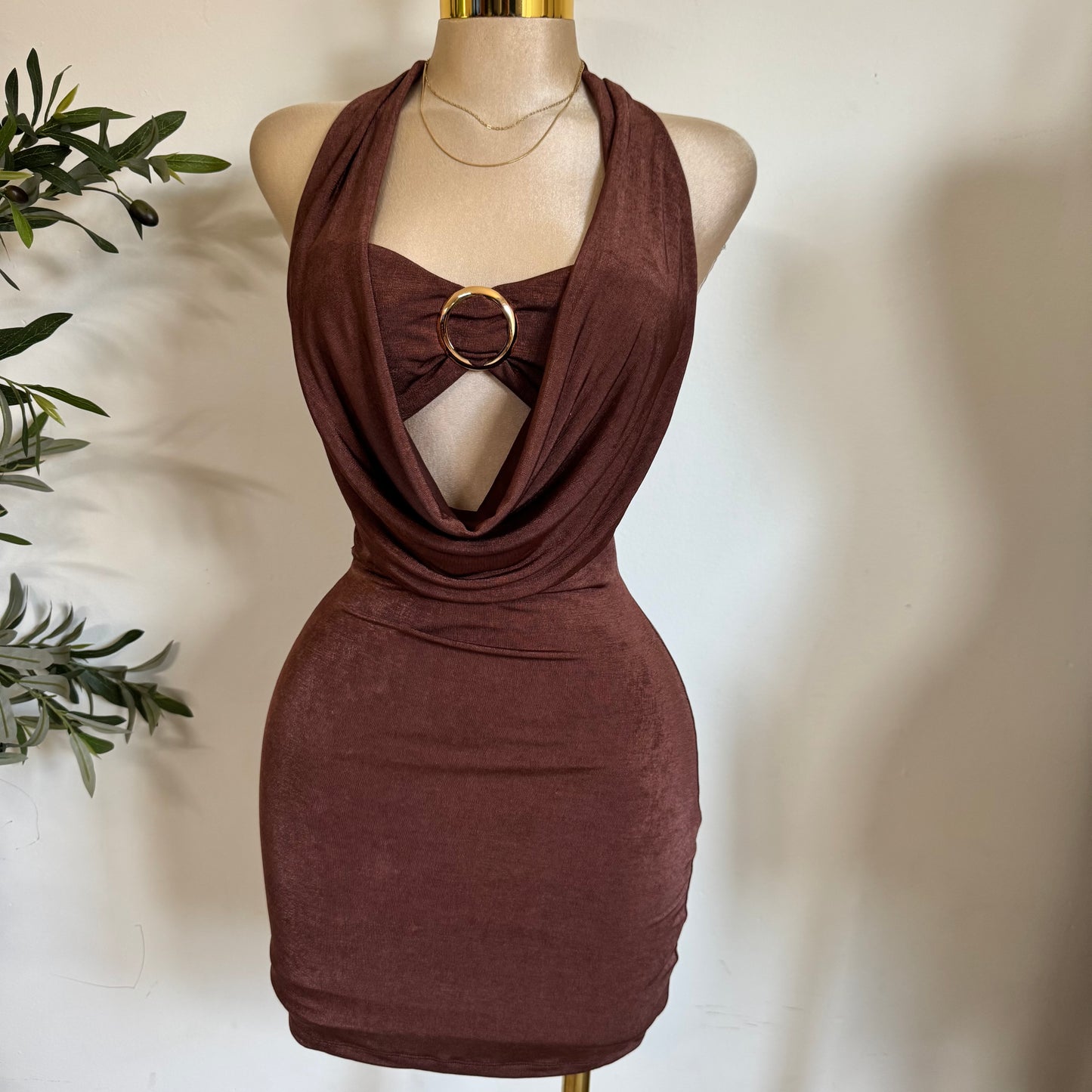 Cowl Halter Dress -Brown