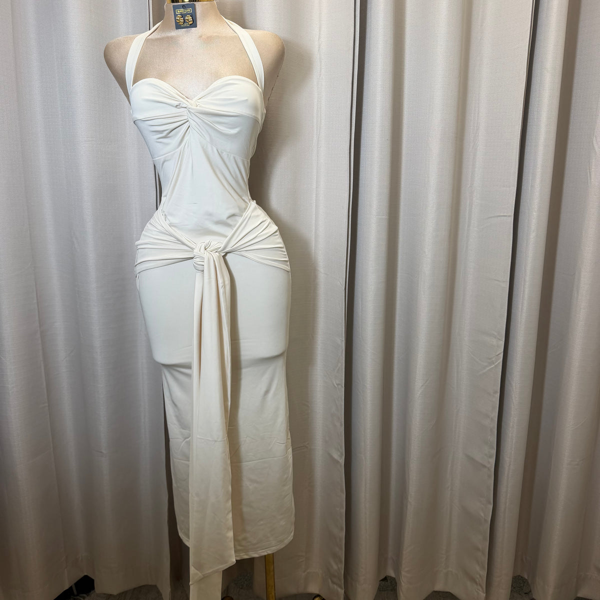 HALTER TWIST FRONT DRAPED MAXI DRESS-Cream/White