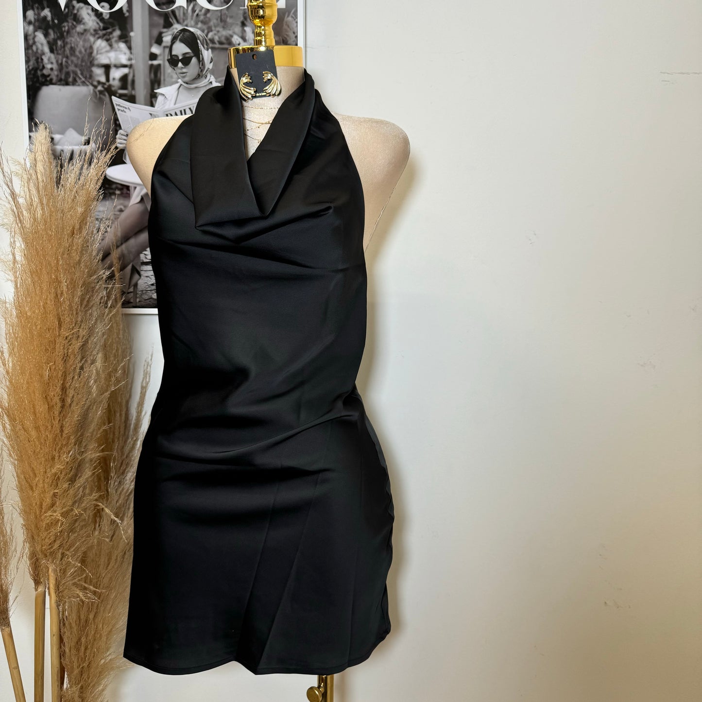 Santa Silky Halter Dress-Black