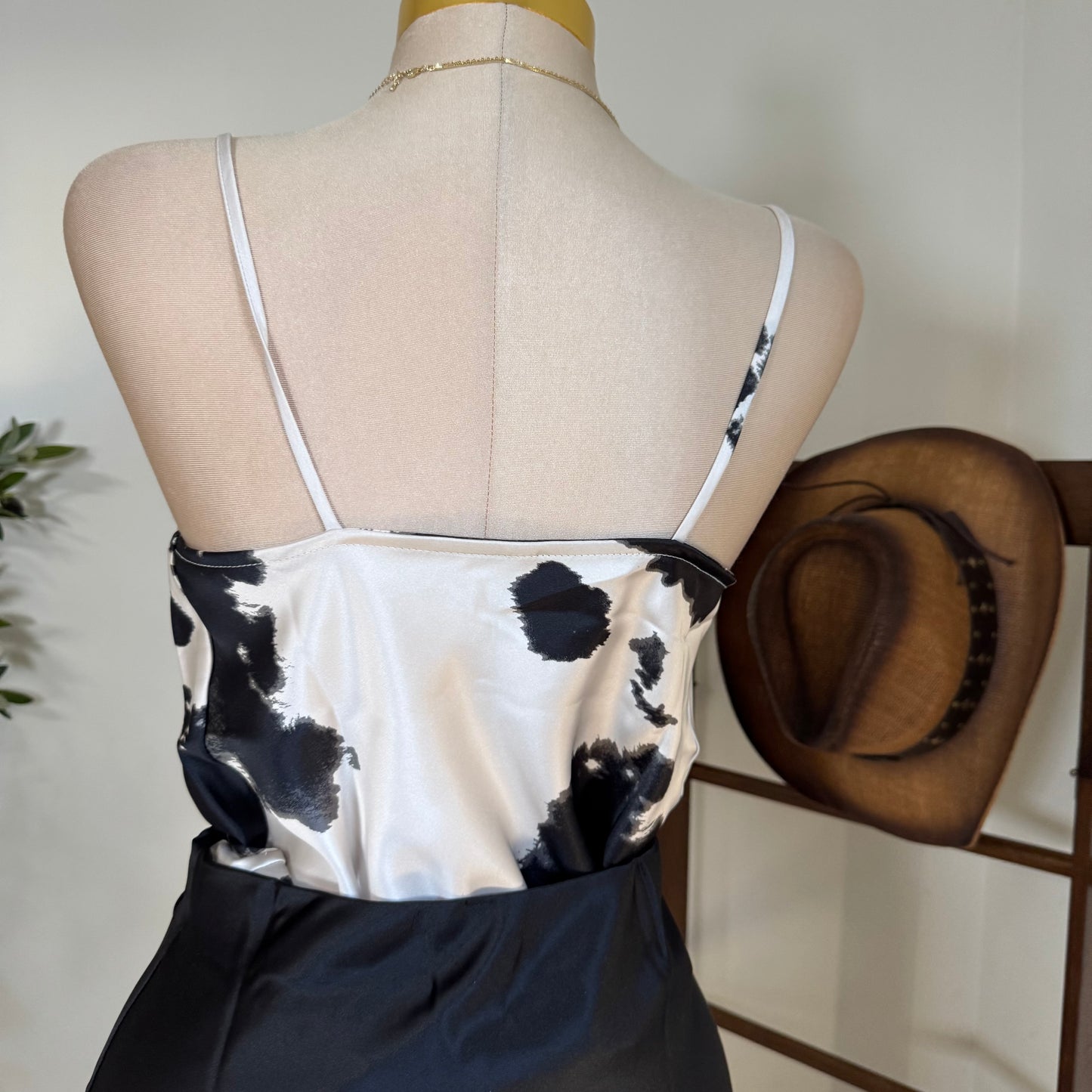 Satin Cow Print spaghetti Top-Black