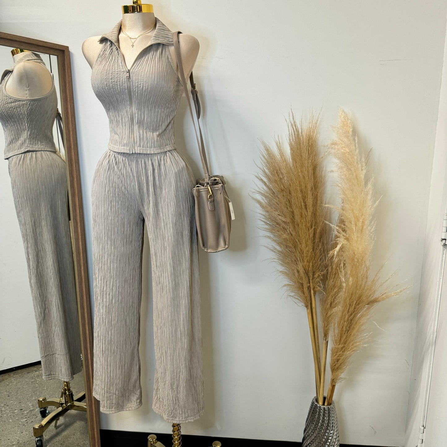 Halter Two Piece Pant Set-Taupe