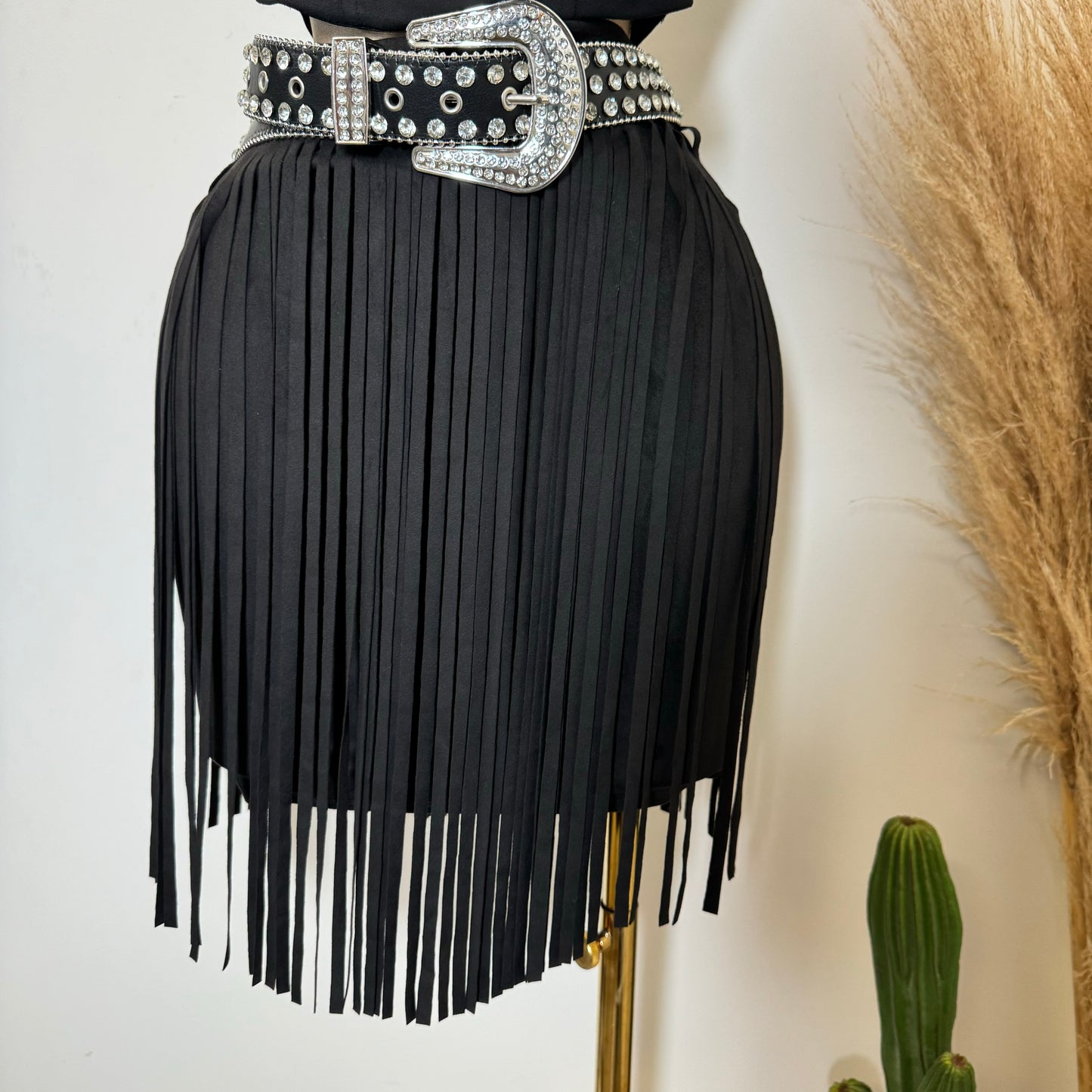 Fringe Suede Mini Skirt-Black