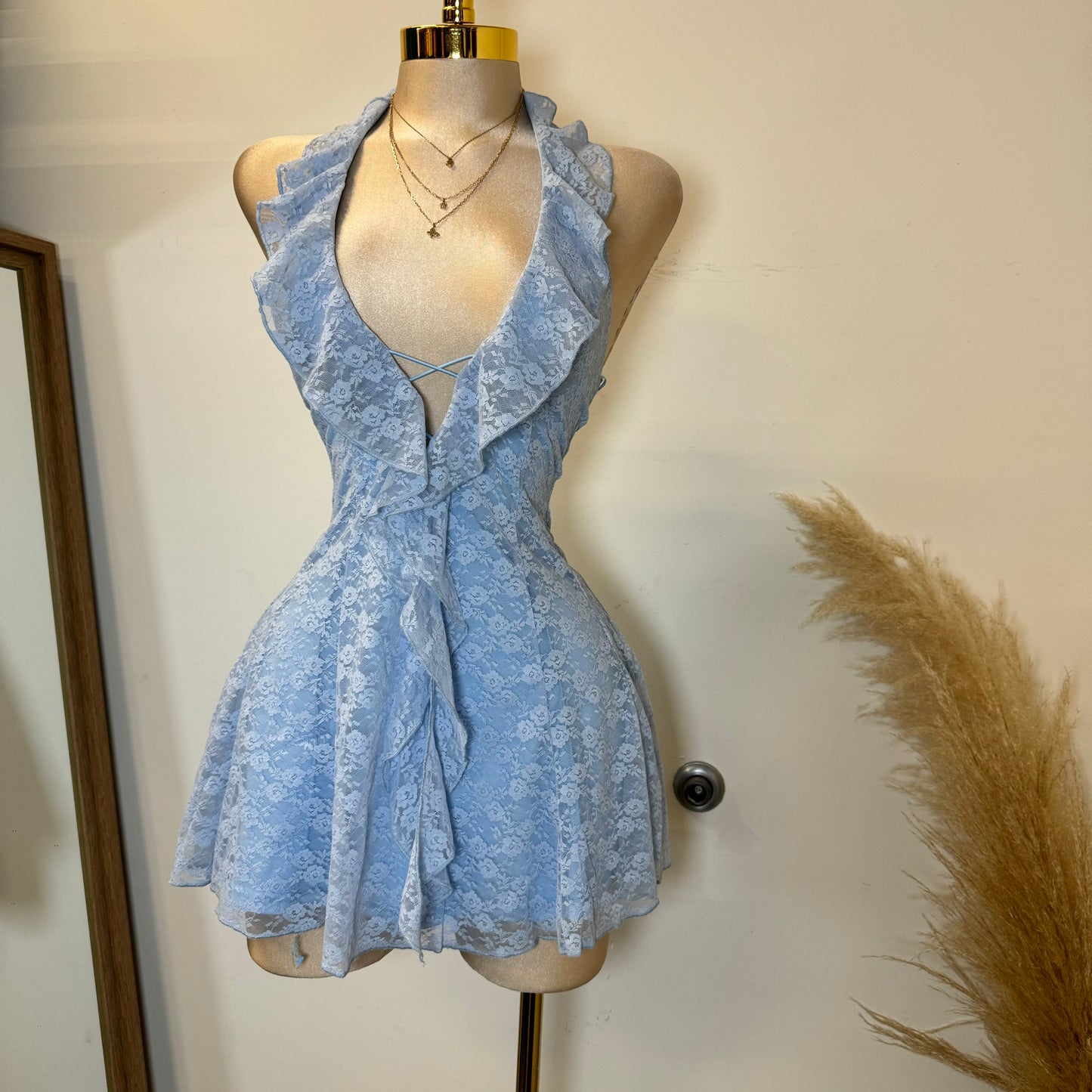 Amy Lace Halter Dress-Baby Blue