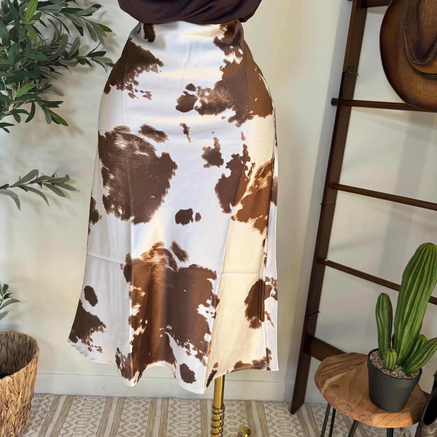 Cow Print Satin Midi Skirt-brown