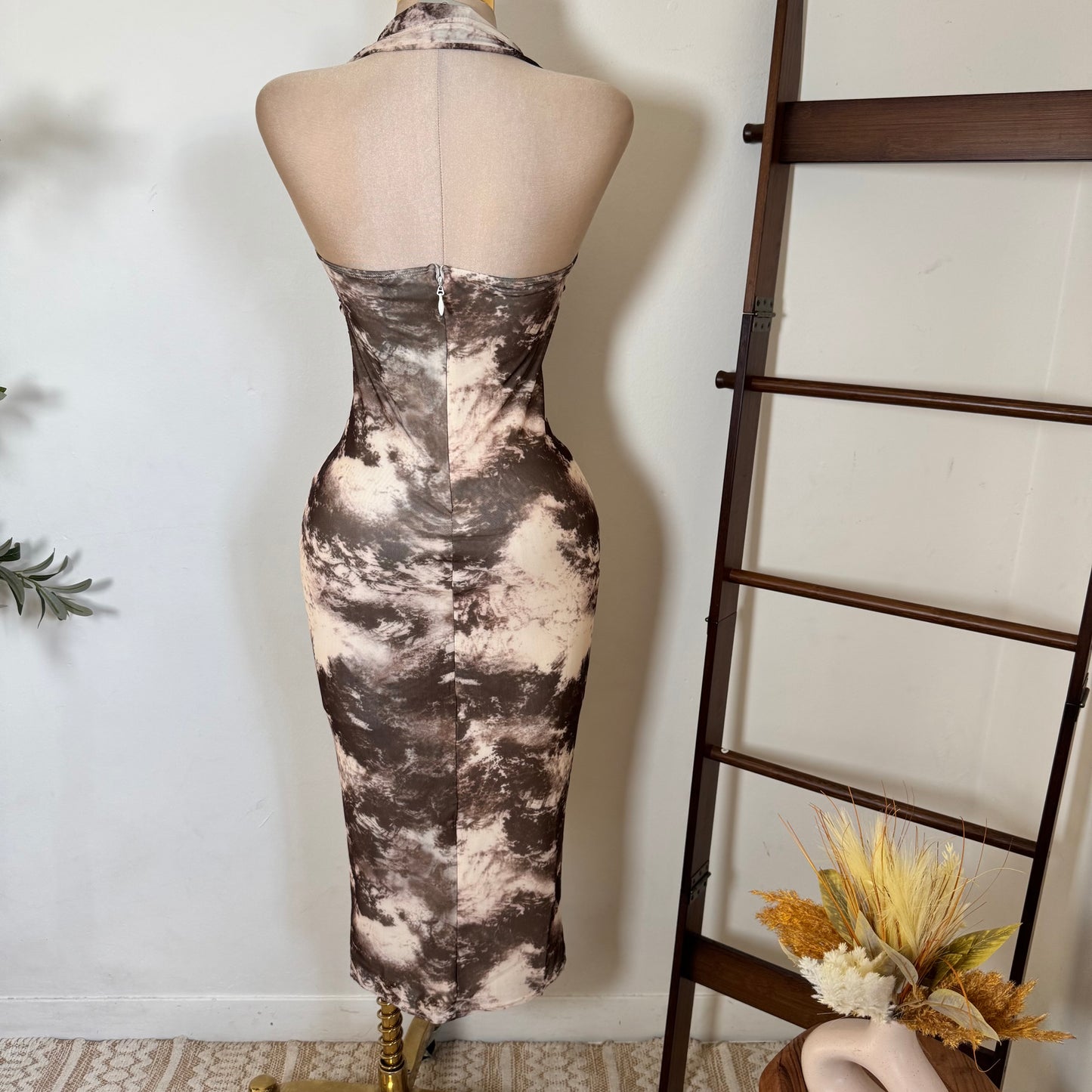 Halter Corset Ruching Midi Dress-Brown