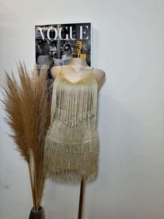 Fringe Gold Dress-Gold