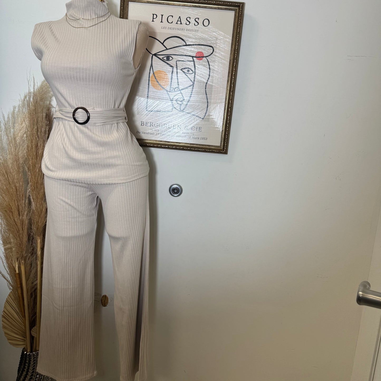 PL Sleeveless Mock neck with Belt rib knit Top and Wide Rib Knit pants-cream