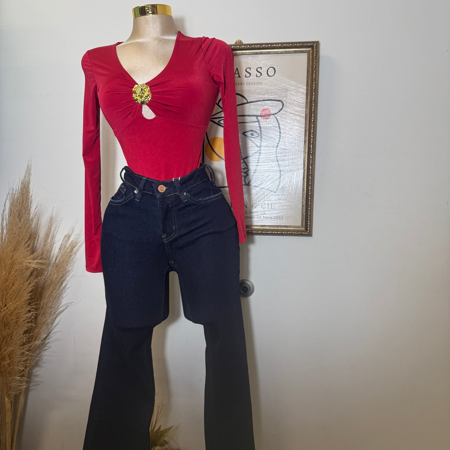 Long Sleeve Bodysuit with Gold Detail-Red