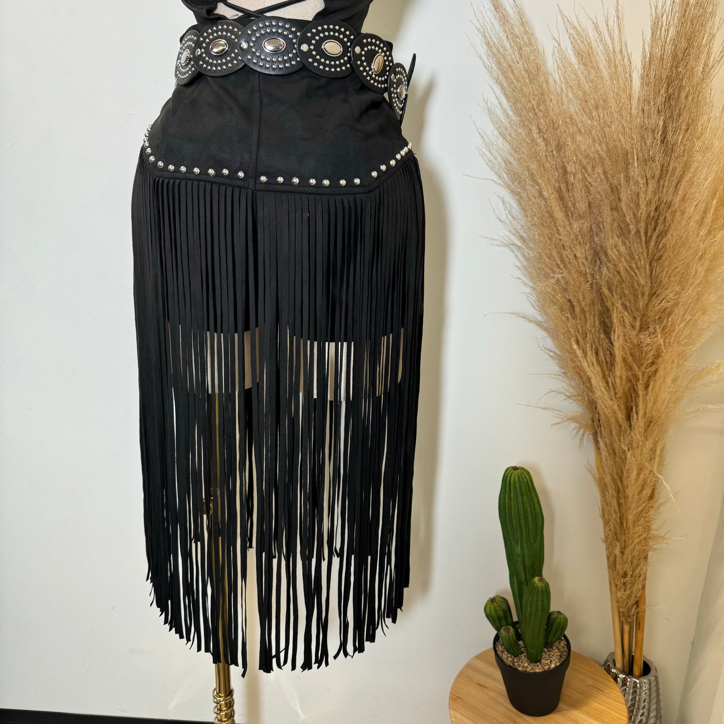 Fringe Stud Suede Shorts-Black