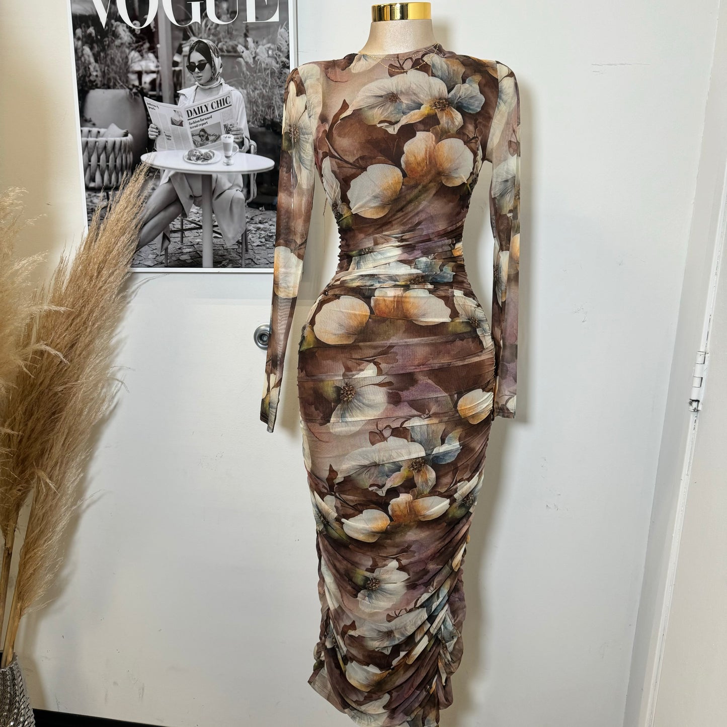 Long Sleeve Mesh Dress-Olive1
