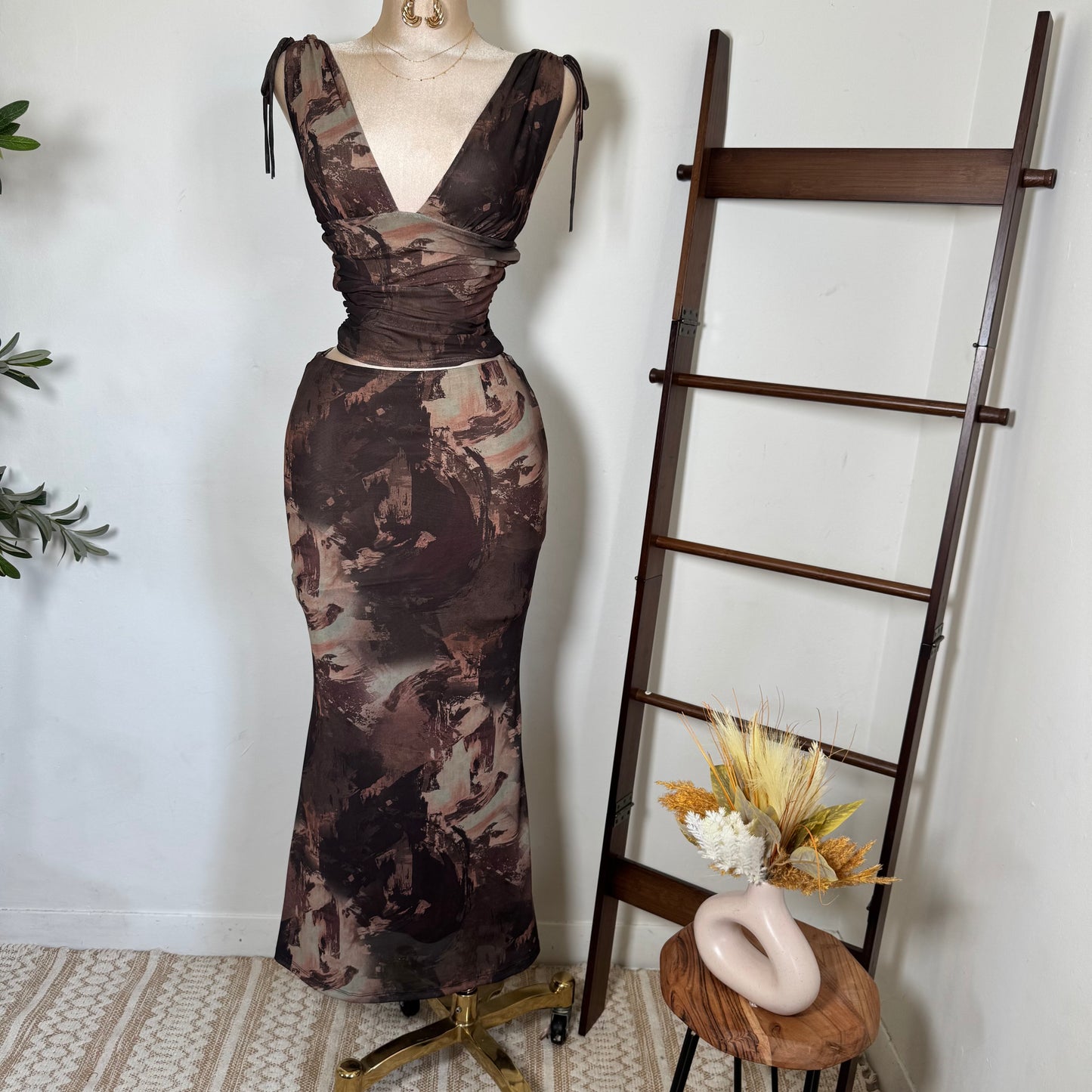Two Piece Ruched Top Mermaid Maxi Skirt Set-Brown