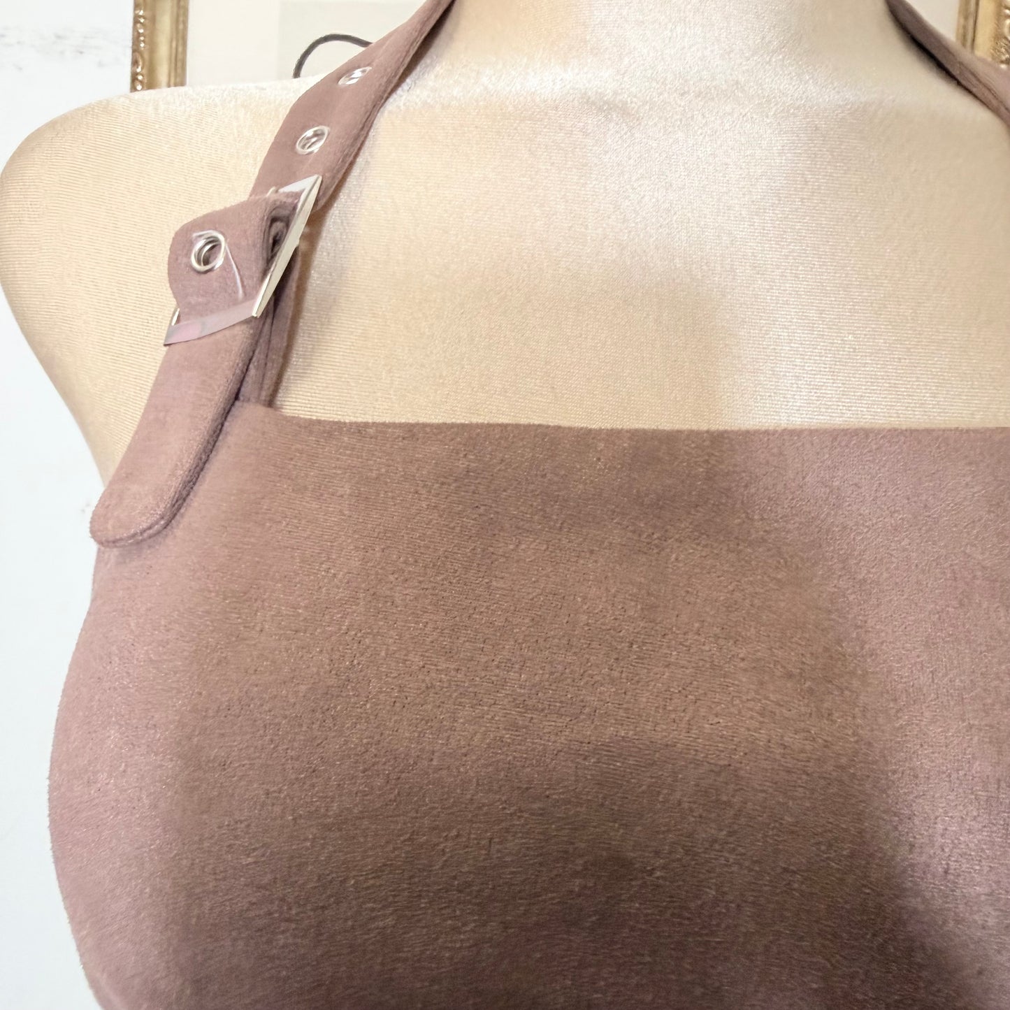 Halter Neck Suede Mini Dress-Brown