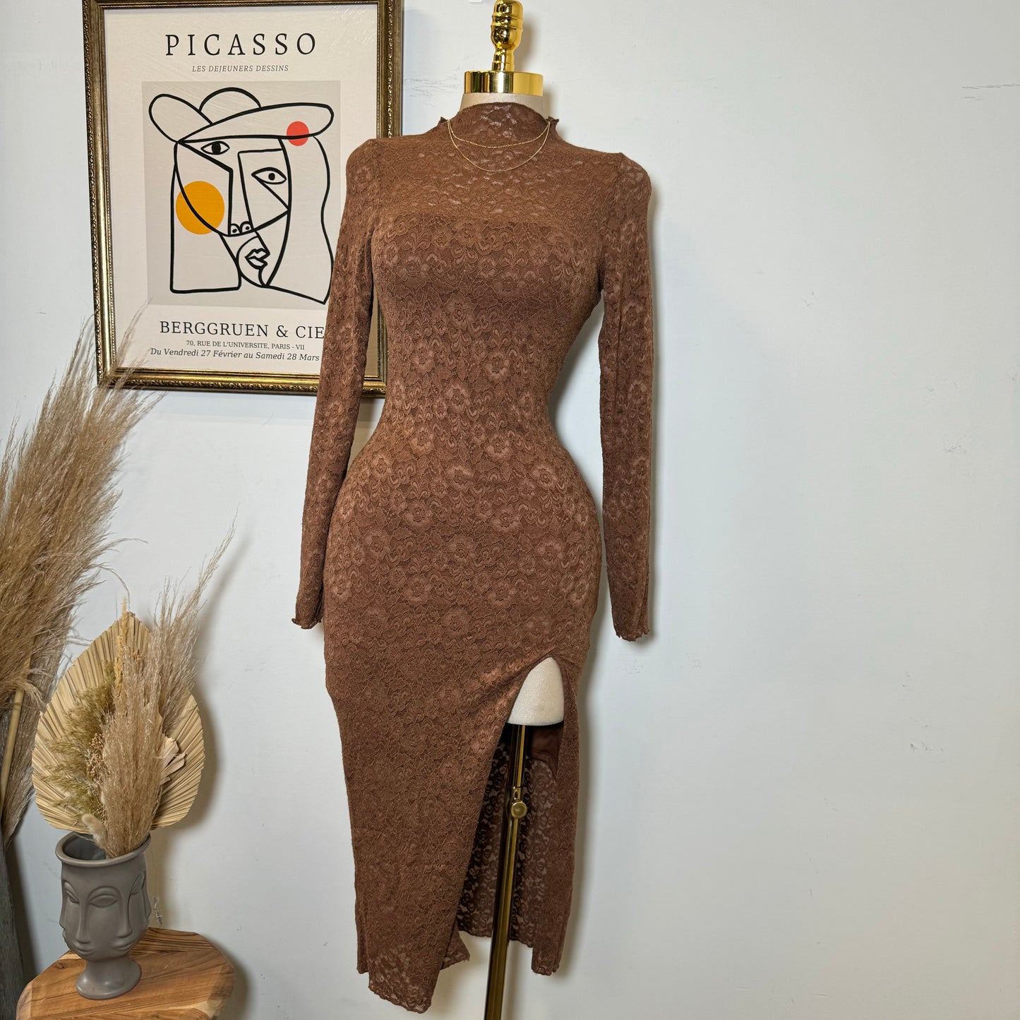 Rosie Lace Midi Open Slit  Dress-Brown