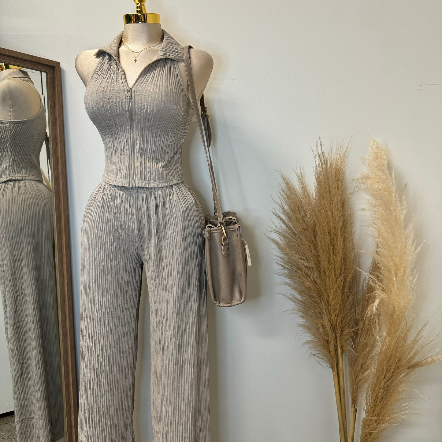 Halter Two Piece Pant Set-Taupe