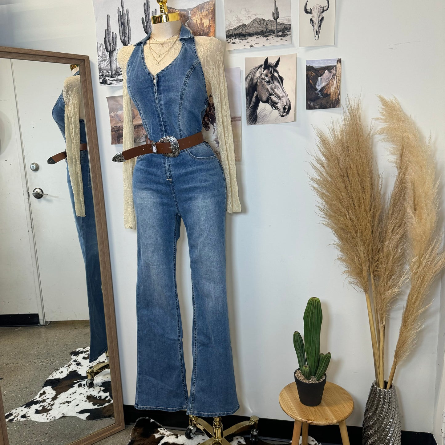 Rodeo Halter Flare Jumpsuit-Denim